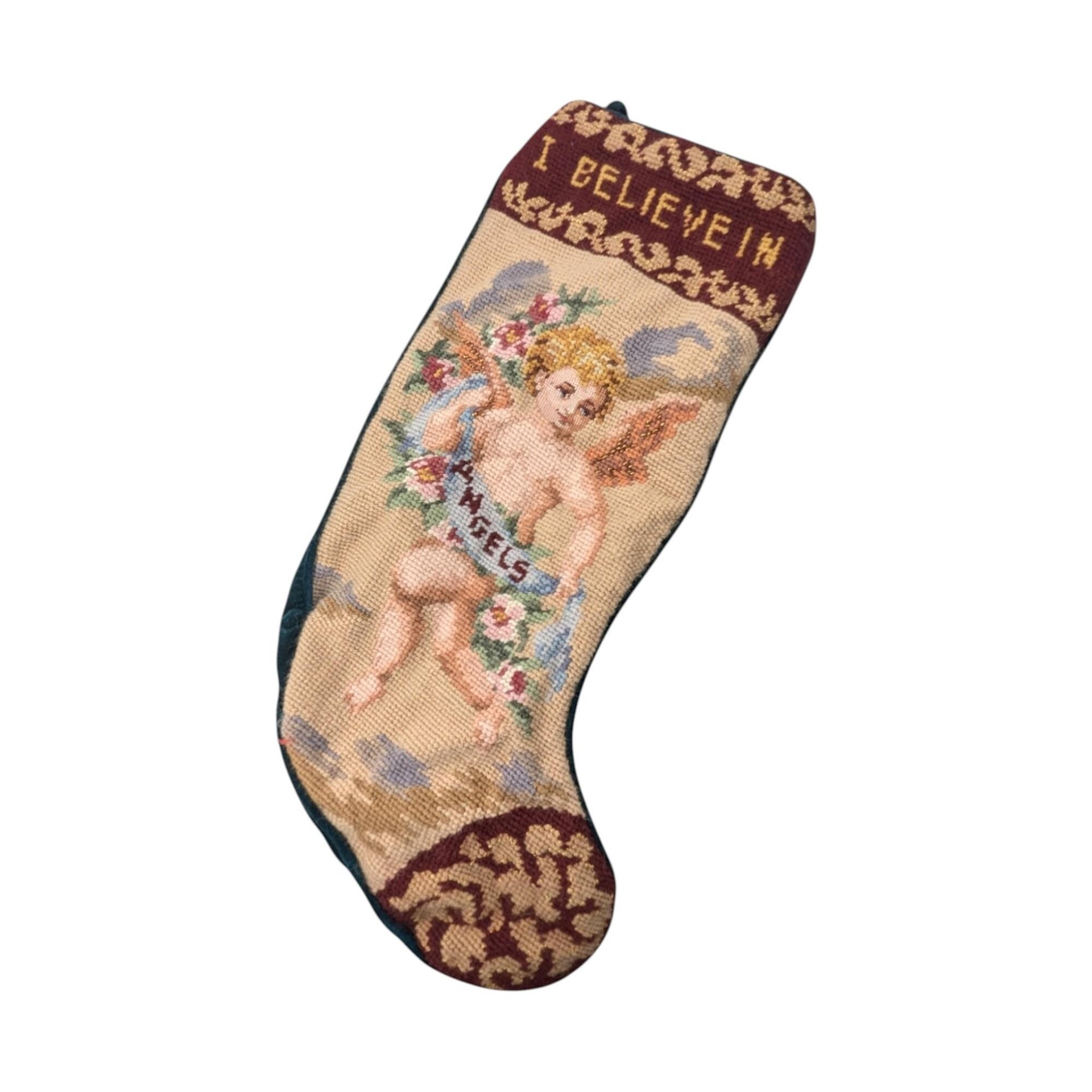 Vintage Needlepoint Christmas Stocking: "I Believe in Angels" Cherub