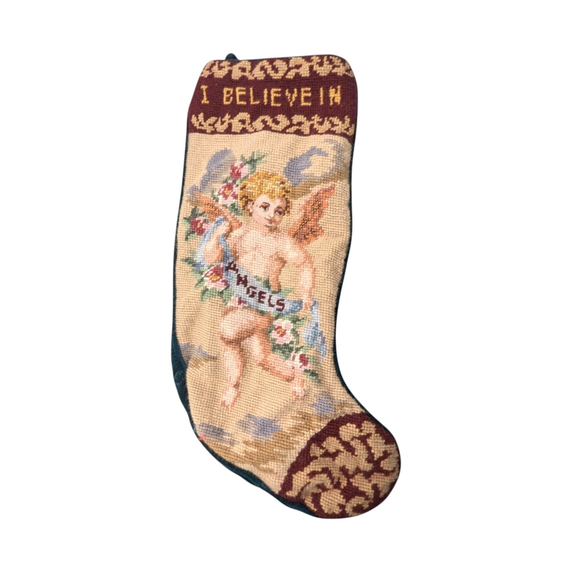Vintage Needlepoint Christmas Stocking: "I Believe in Angels" Cherub