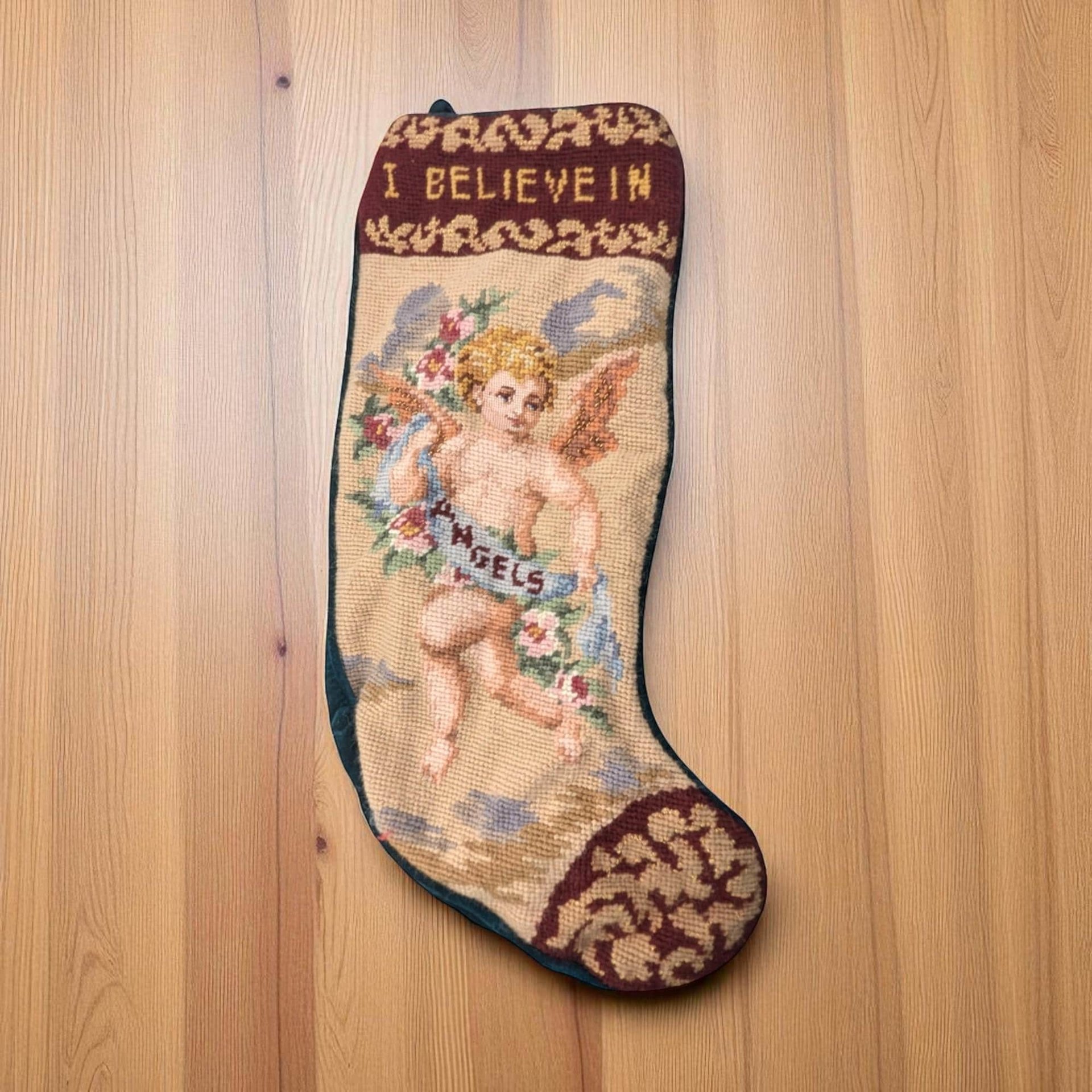 Vintage Needlepoint Christmas Stocking: "I Believe in Angels" Cherub
