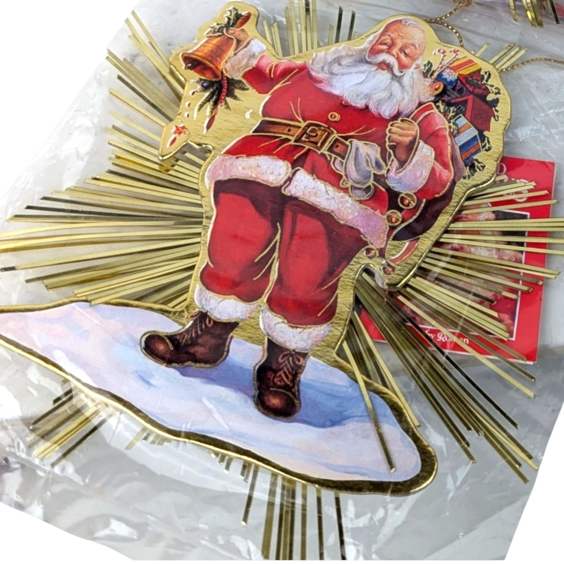 Vintage 1991 Santa Starburst Ornaments: Gold Foil Christmas Decor, Set of 4