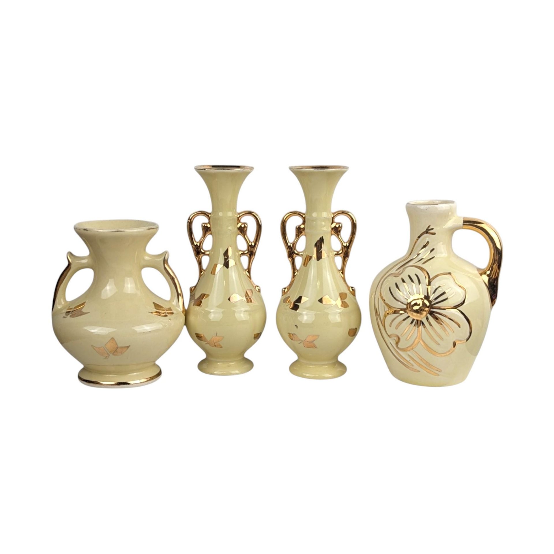 Set of 4 Vintage Yellow Vases: Art Deco & MCM Ceramic Decor with Gold Accents