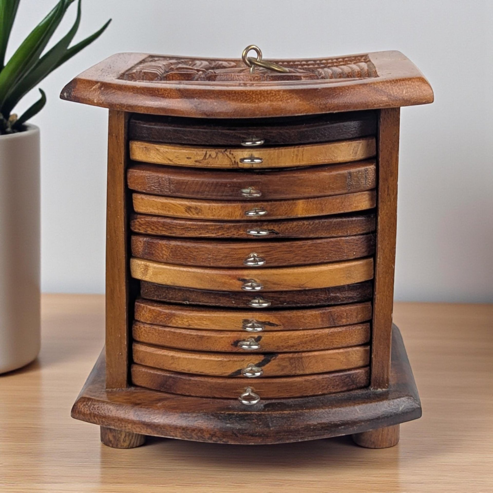 Vintage Carved Wood Coaster Set: Mixed Wood Barware with Holder