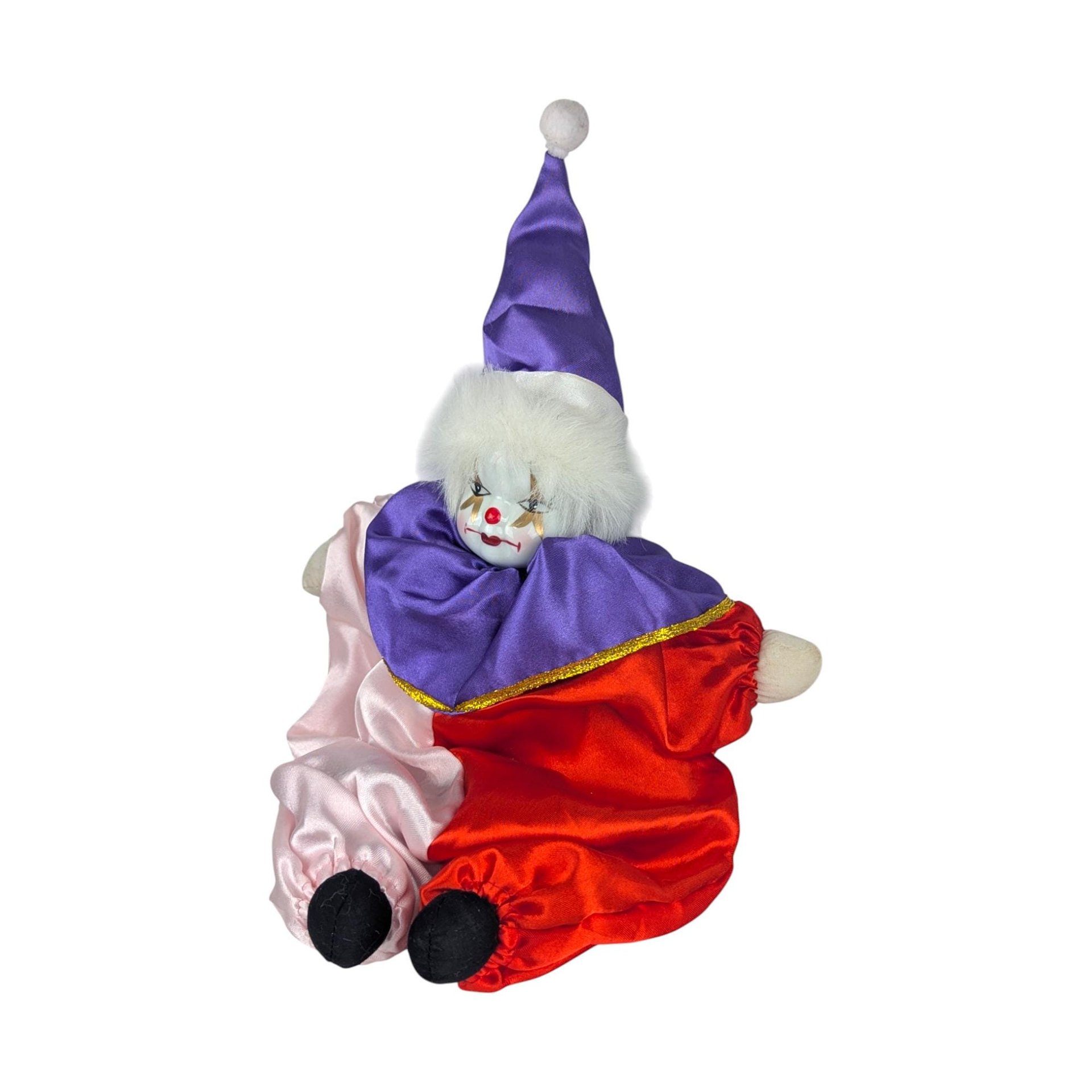 Vintage Porcelain Clown Doll: Satin Shelf Sitter Figure