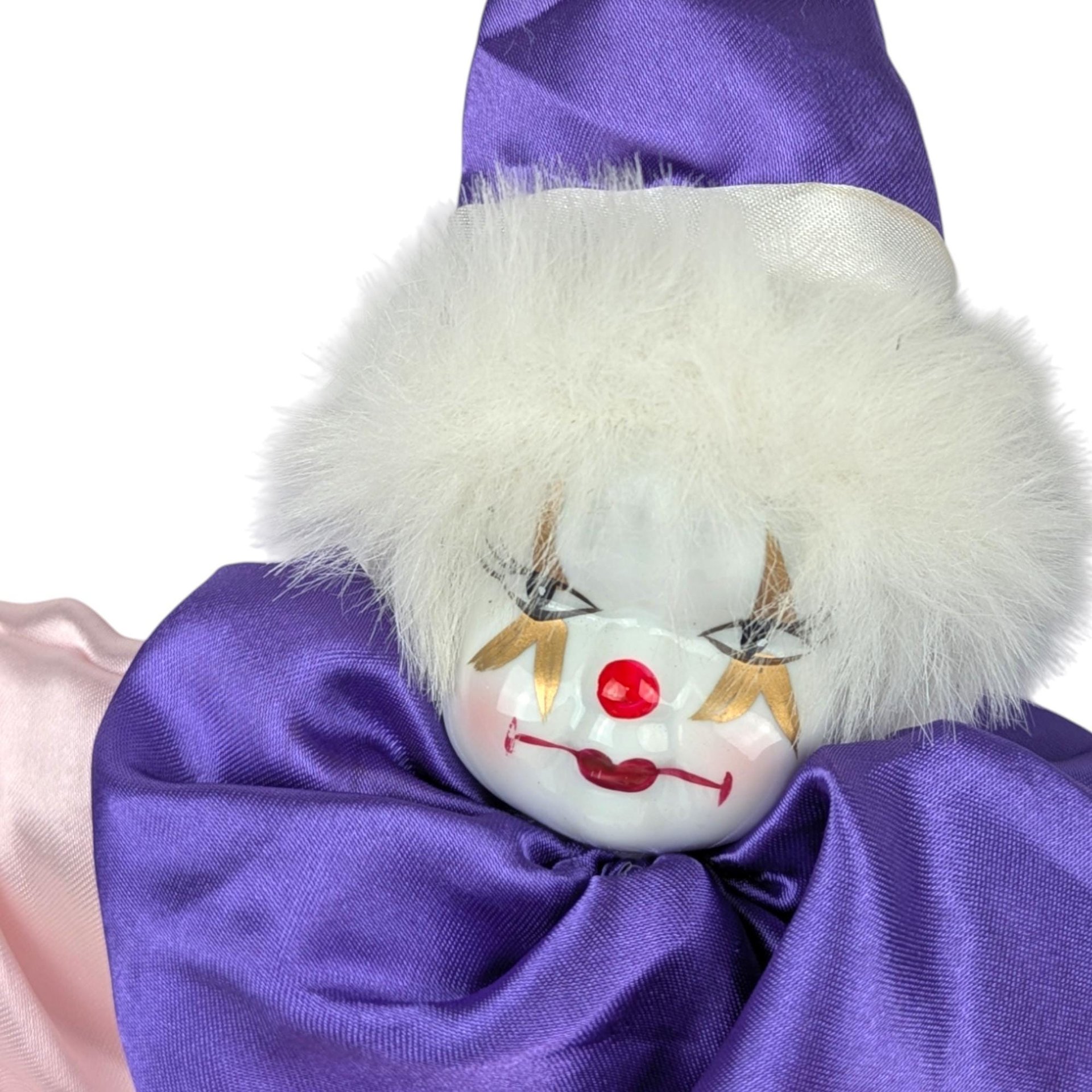 Vintage Porcelain Clown Doll: Satin Shelf Sitter Figure
