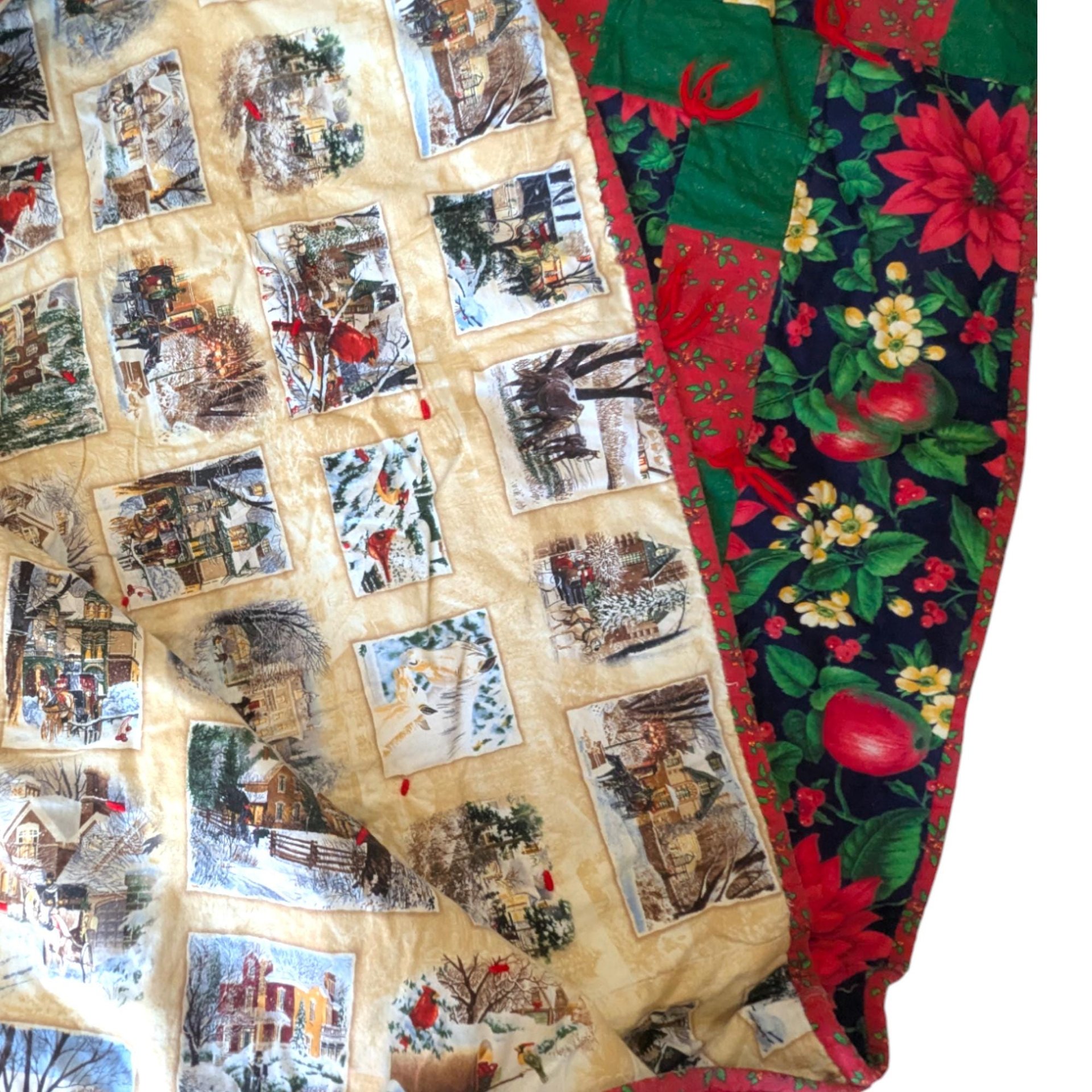 Vintage Christmas Patchwork Quilt: Reversible Poinsettia Holiday Throw