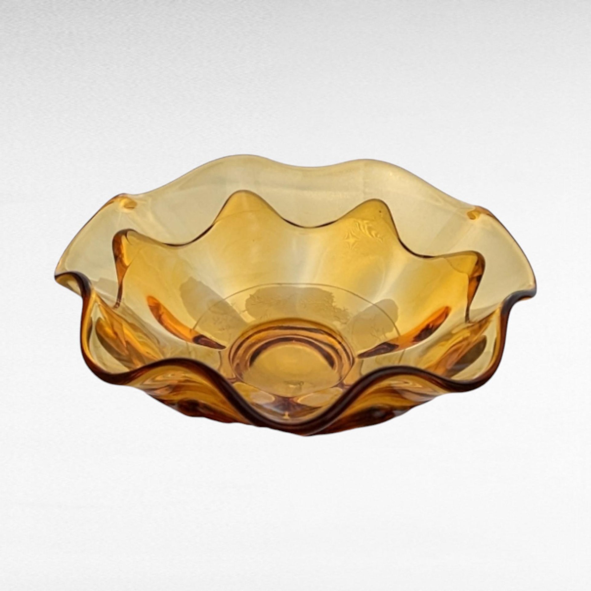 Vintage Viking Glass Bowl: Amber Epic Double Crimp Art Glass Dish