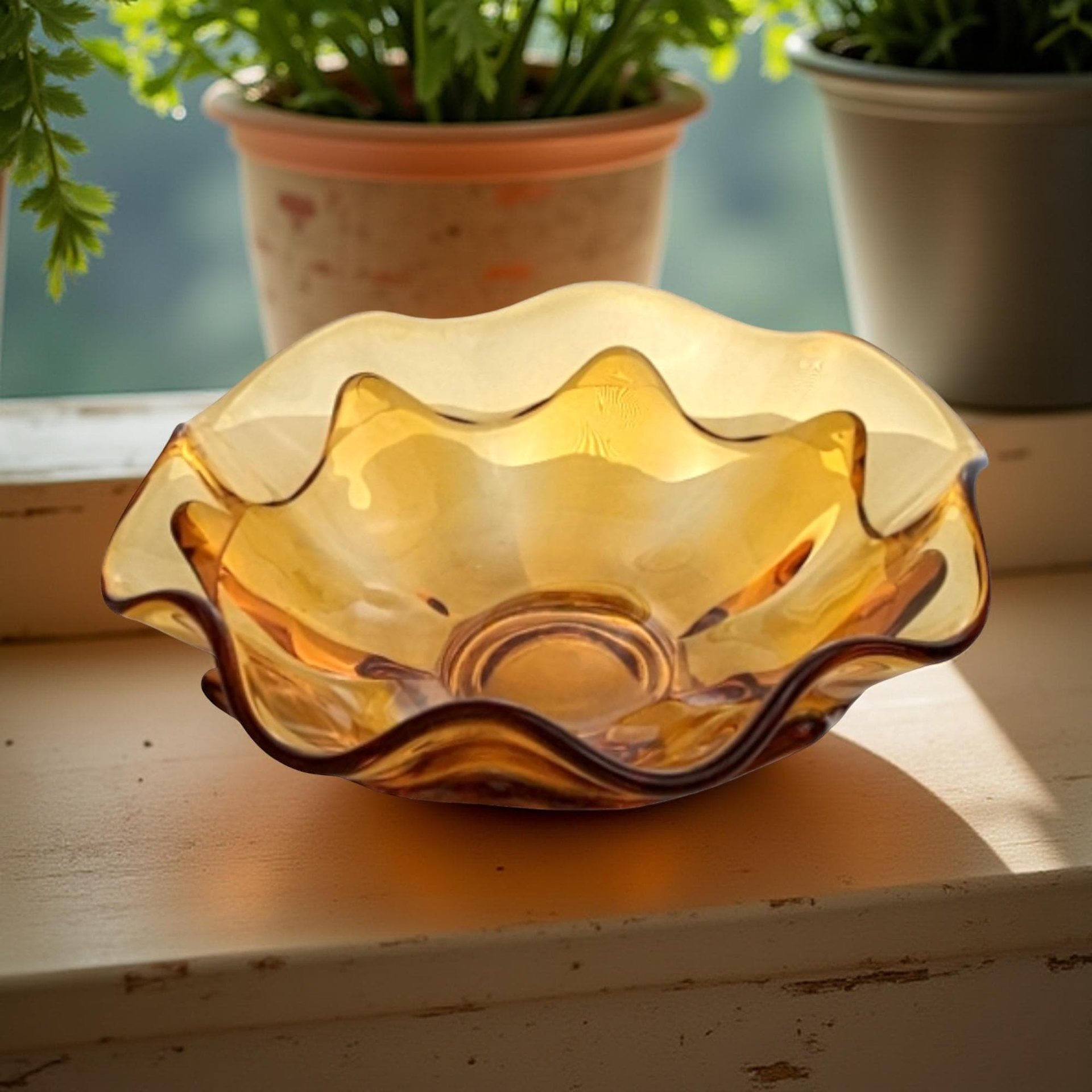 Vintage Viking Glass Bowl: Amber Epic Double Crimp Art Glass Dish