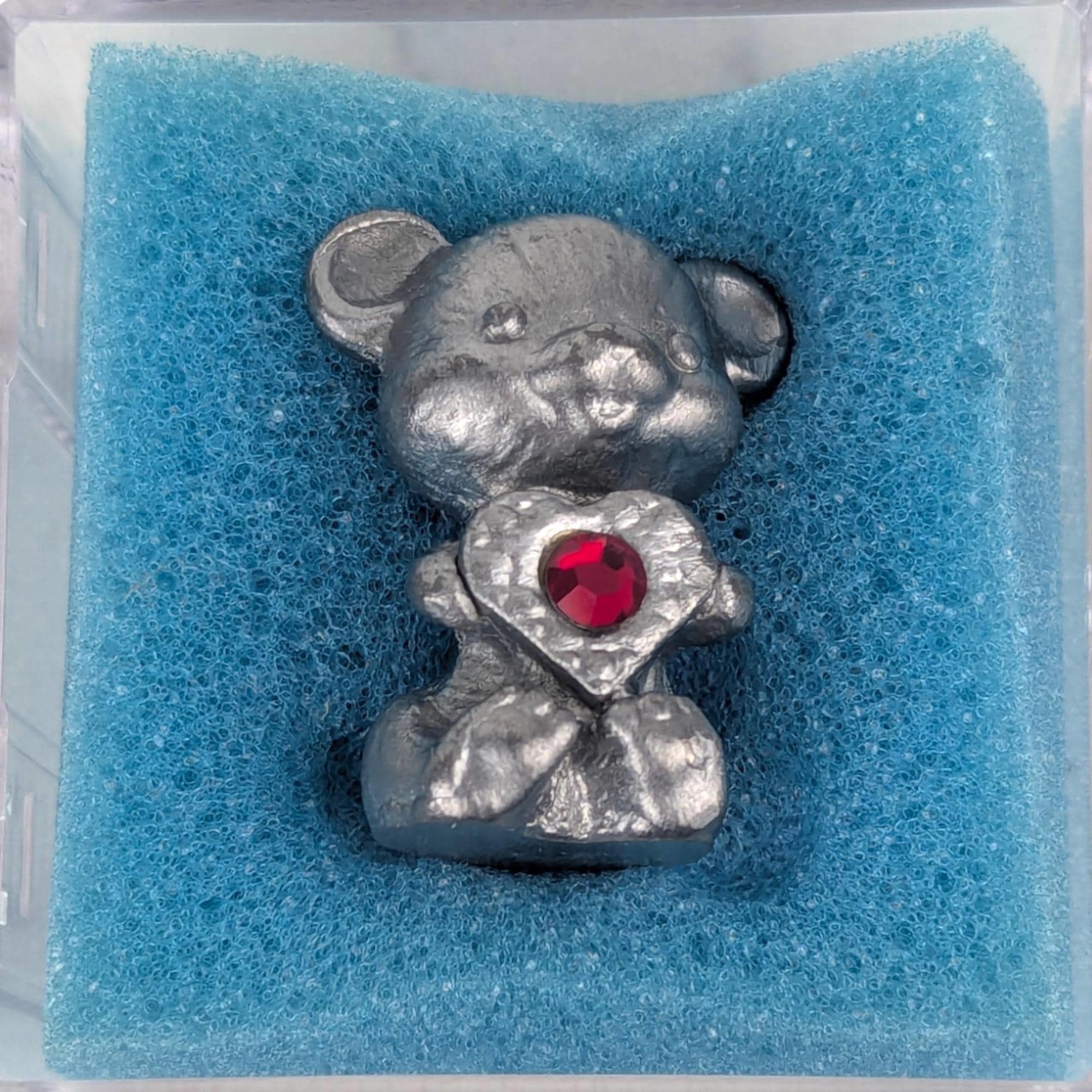 Vintage Pewter Bear Figurine: Miniature Bear Holding Red Crystal Heart Collectible