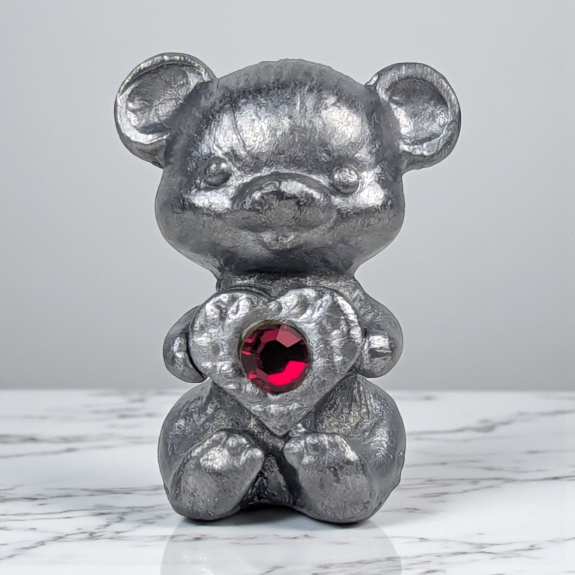Vintage Pewter Bear Figurine: Miniature Bear Holding Red Crystal Heart Collectible