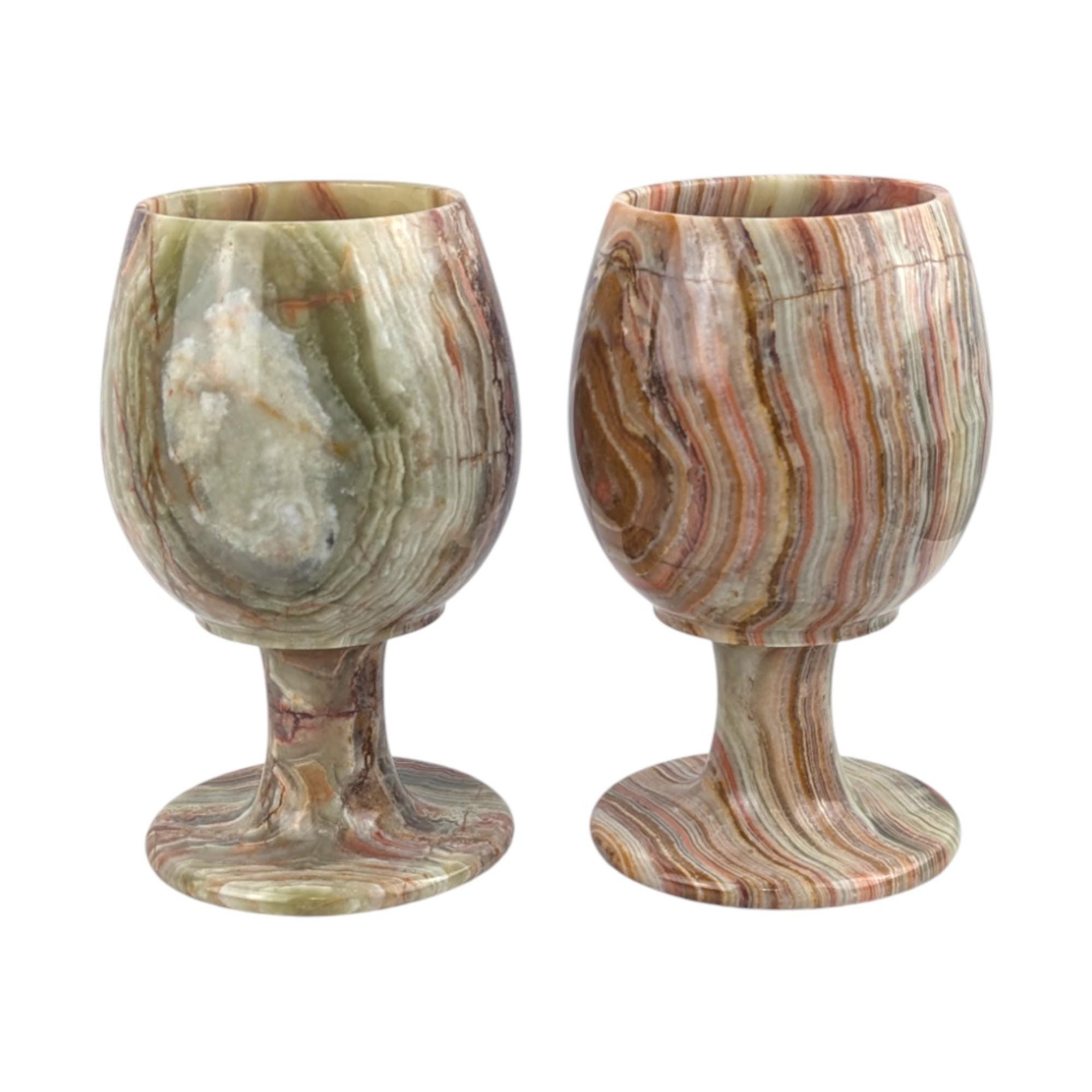 Vintage 1970s Carved Onyx Goblets: Set of 2 Banded Stone Chalices