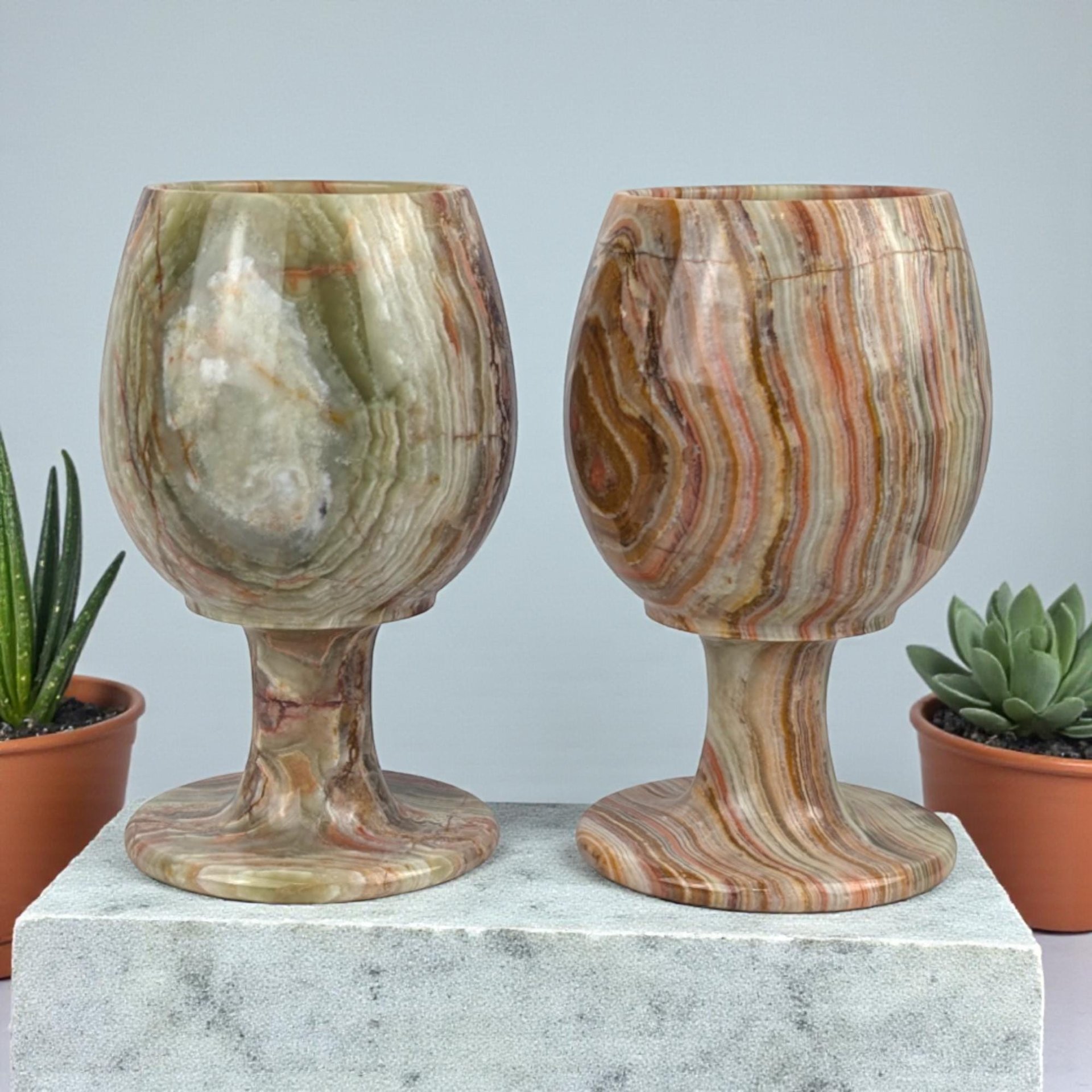 Vintage 1970s Carved Onyx Goblets: Set of 2 Banded Stone Chalices