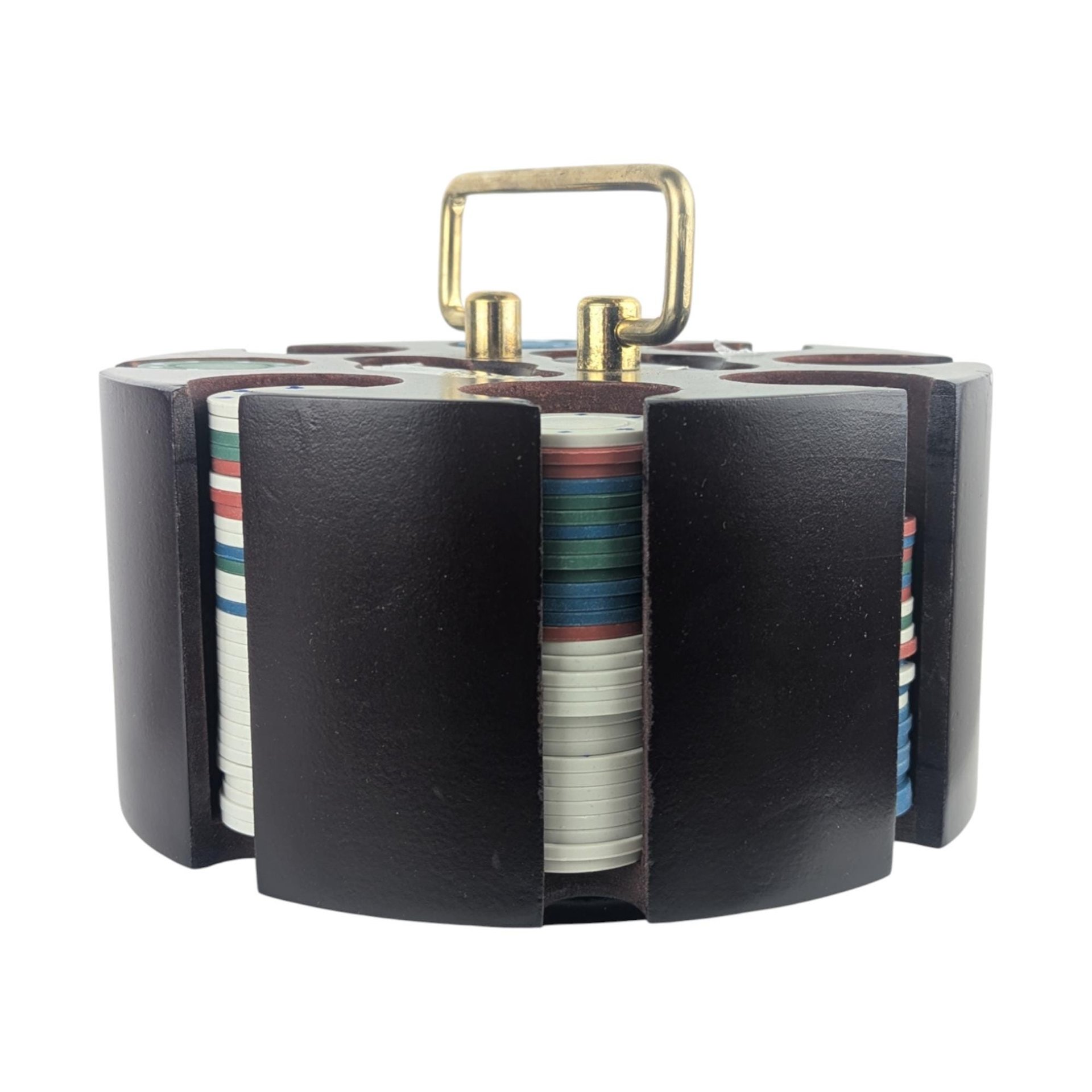 Vintage 1970s Rotating Poker Chip Caddy: Wood and Brass Carousel Game Set