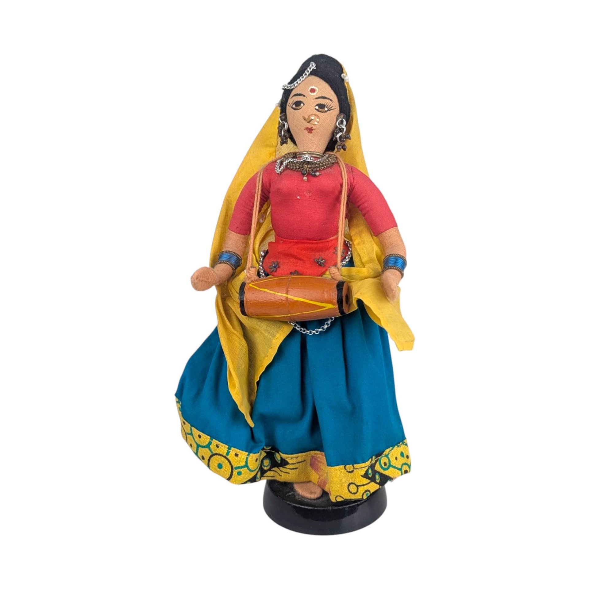 Vintage Indian Folk Art Doll: Woman Musician with Dholak Drum