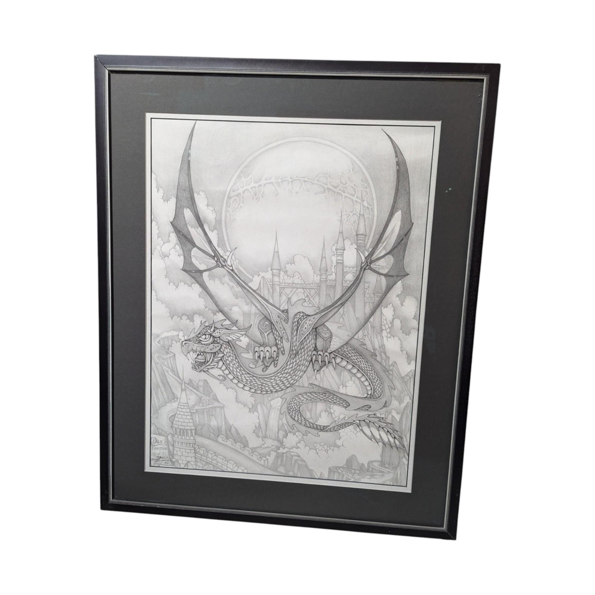 Vintage Dragon Art Print: Signed Dan Thompson Fantasy Castle Scene, Framed