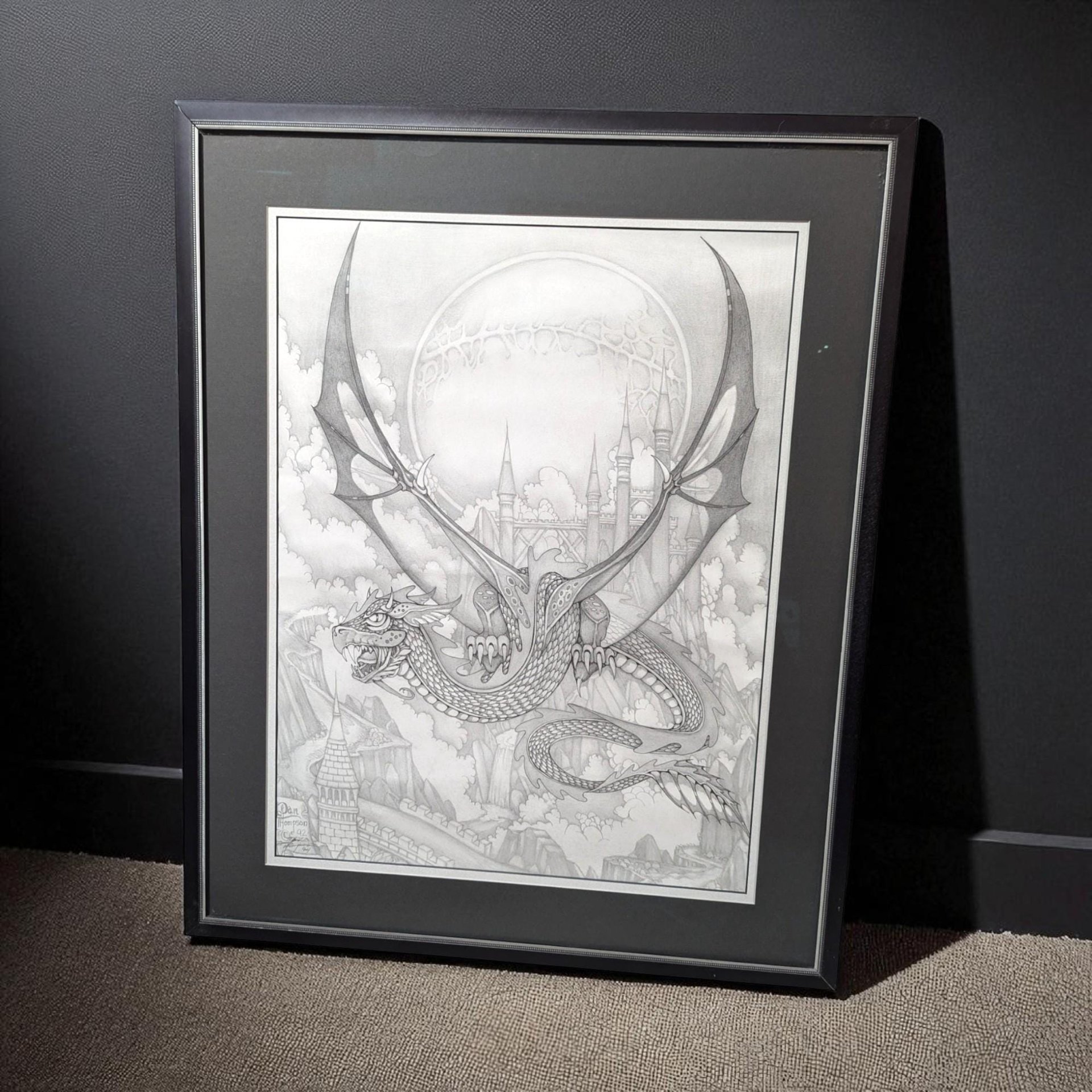 Vintage Dragon Art Print: Signed Dan Thompson Fantasy Castle Scene, Framed