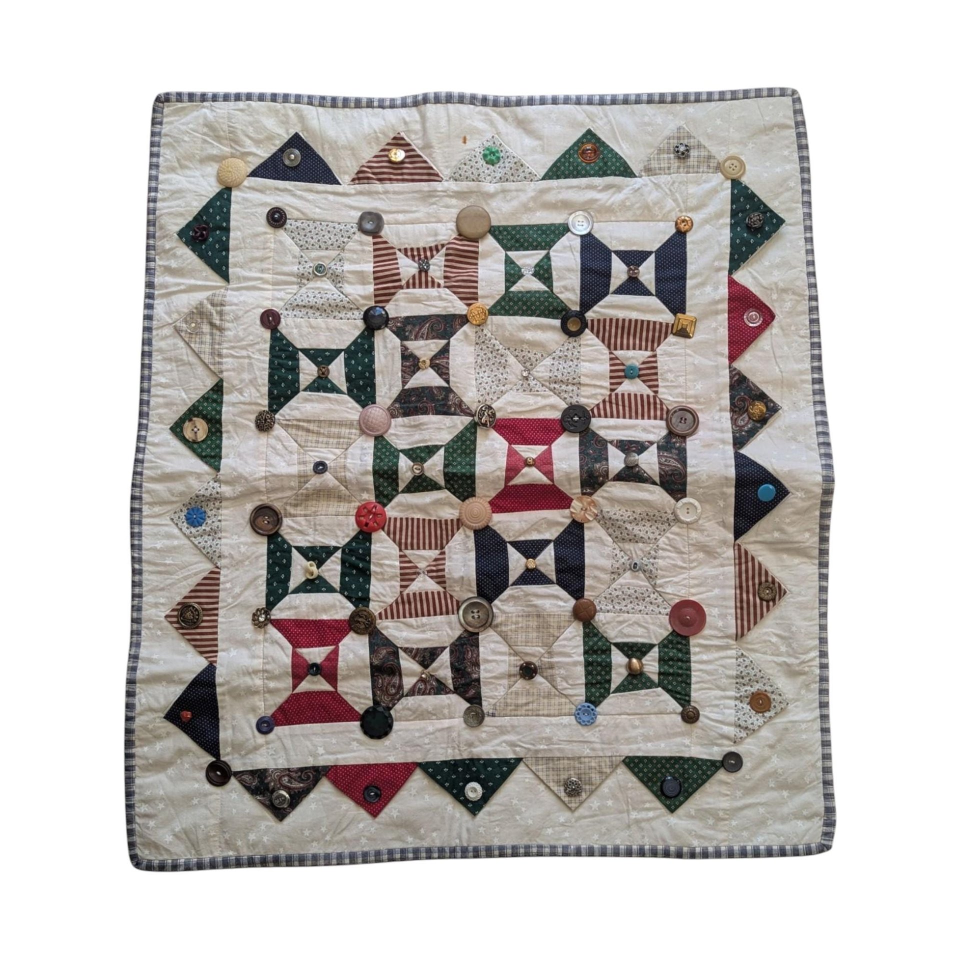 Handmade Patchwork Quilt: Vintage Style Throw Blanket with Button Accents