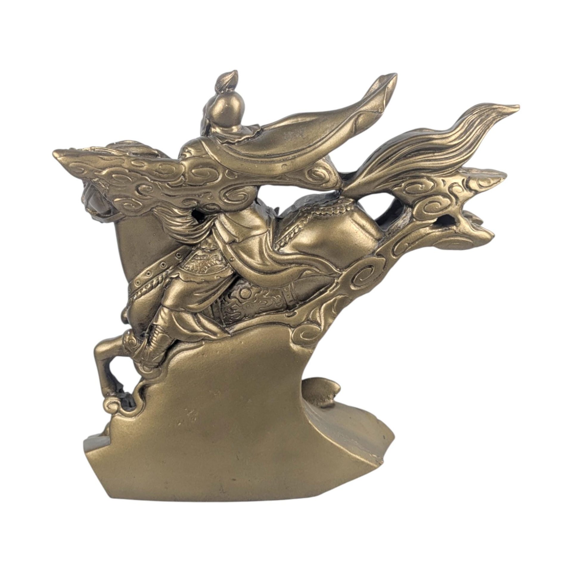 Vintage Guan Yu Statue: Chinese Warrior on Horseback, Gold Resin Figurine