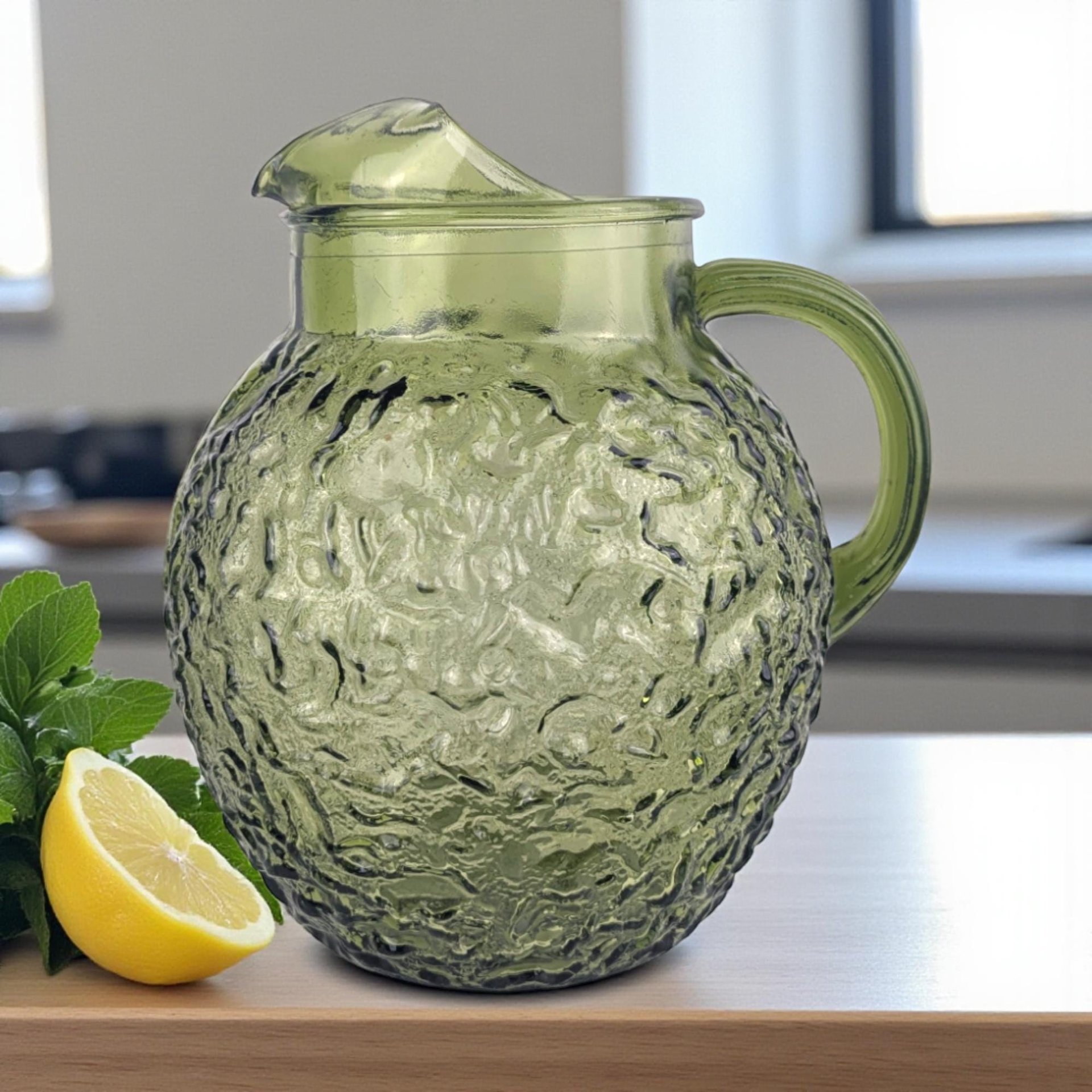 Vintage Green Glass Pitcher: Anchor Hocking Soreno, Mid Century Avocado Glass