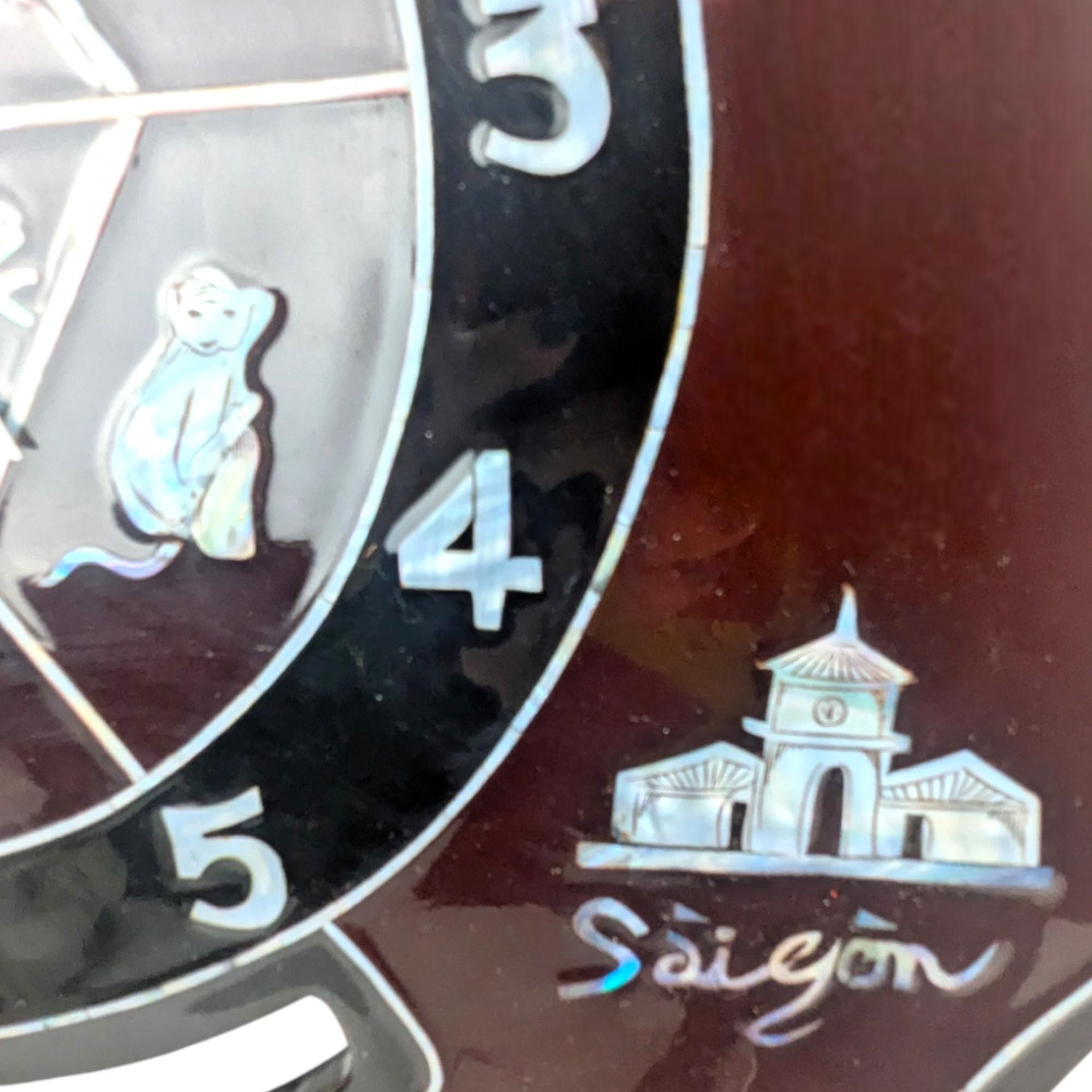 Vintage Vietnam Map Wall Clock: Mother of Pearl Inlay, Lacquerware Zodiac Clock