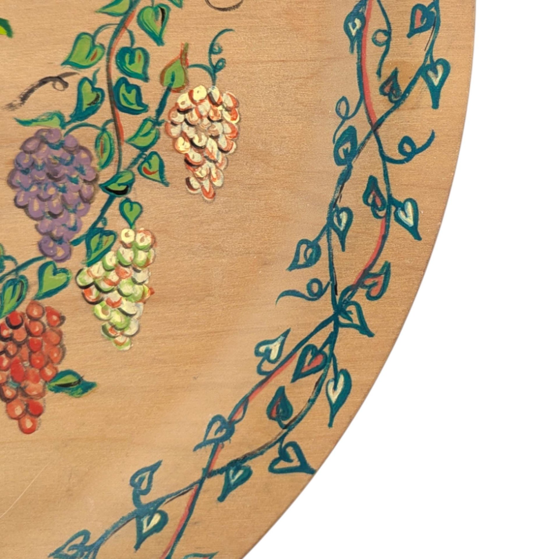 Vintage 1956 Hand Painted Wood Plate: Scandinavian Folk Art, Grapevine Decor