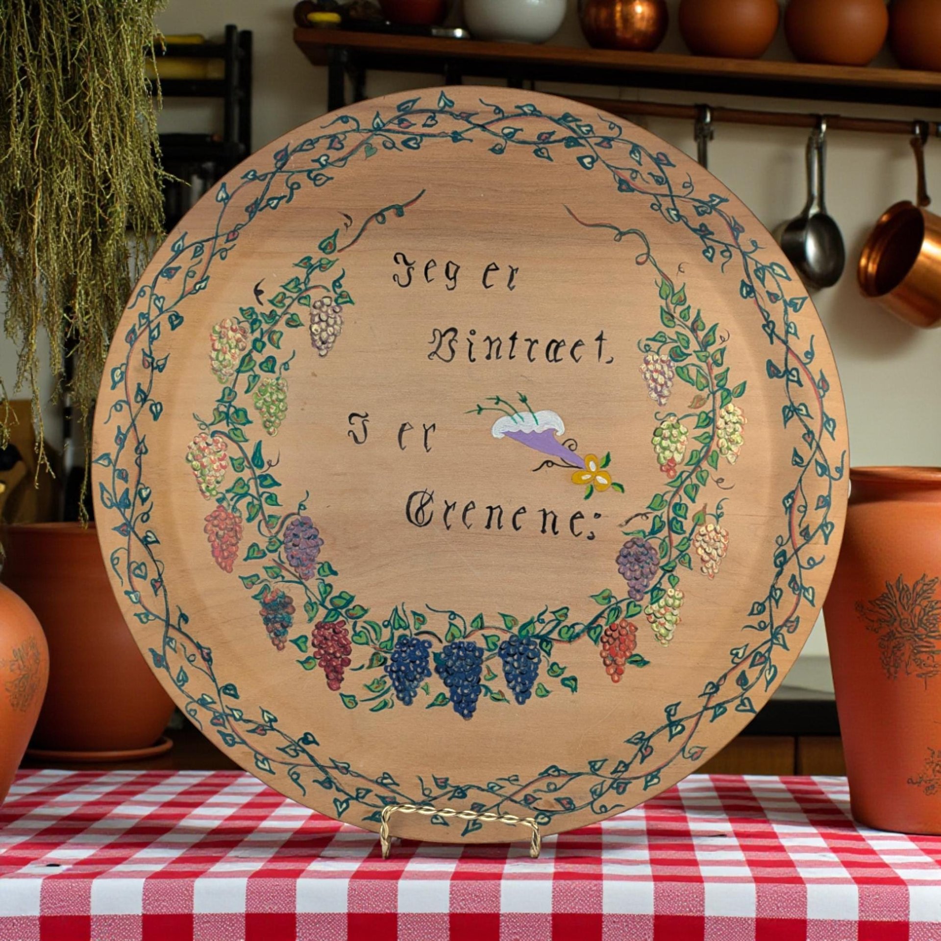 Vintage 1956 Hand Painted Wood Plate: Scandinavian Folk Art, Grapevine Decor