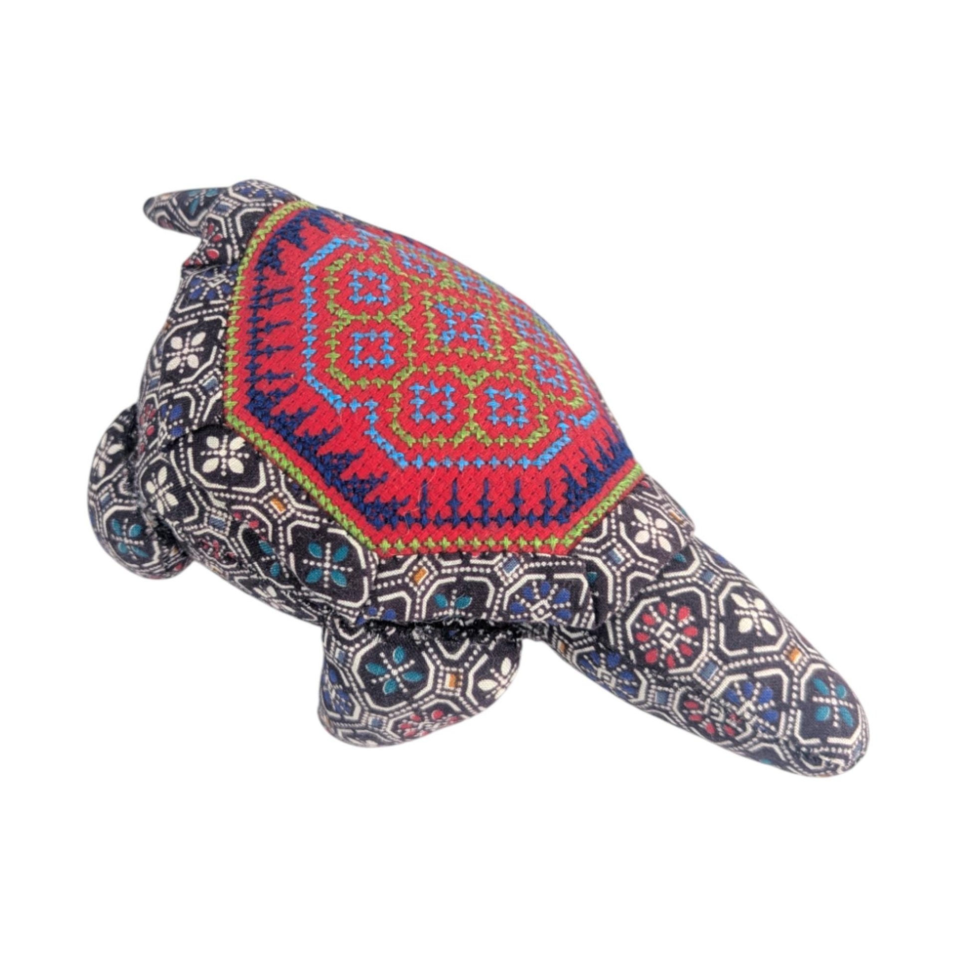 Vintage Handmade Turtle Figurine: Upholstery Fabric Plush, Folk Art Pincushion