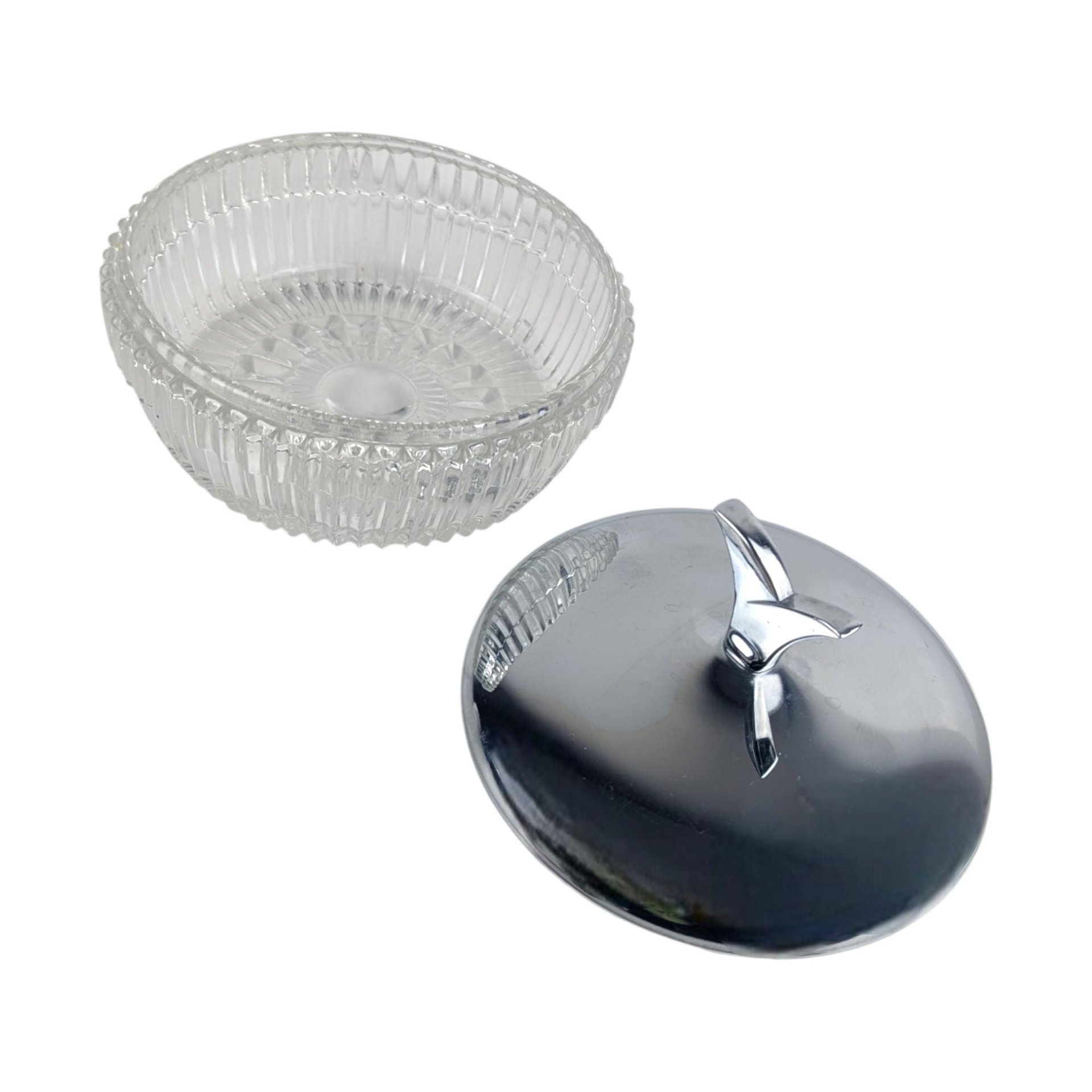 Vintage Glass Vanity Bowl: Art Deco Style Powder Dish, Chrome Lidded Trinket Box