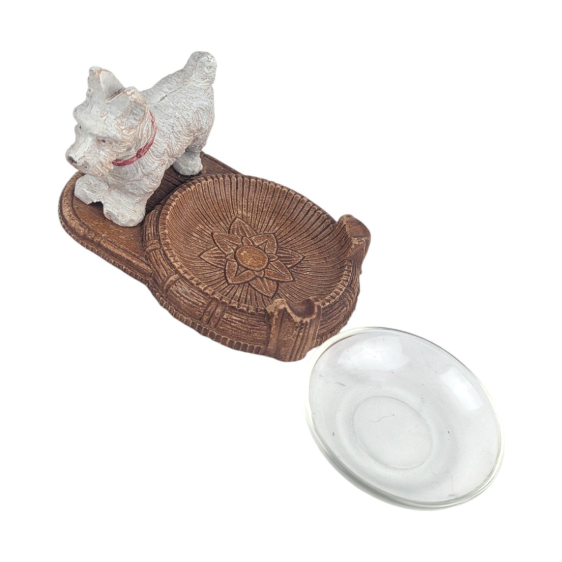Vintage Burwood Scottie Dog Ashtray: Westie Terrier Trinket Dish with Glass Insert