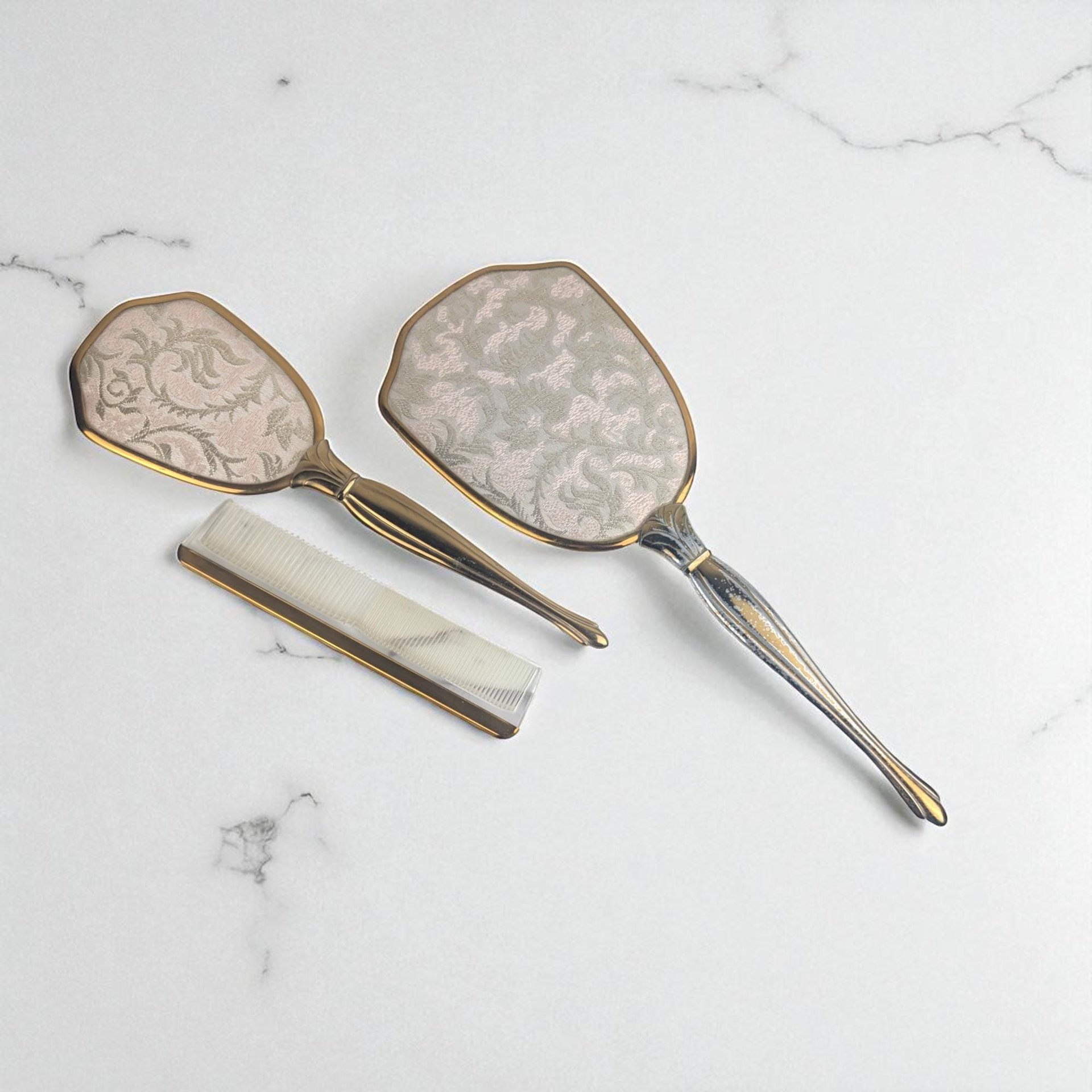 Vintage 3-Piece Vanity Set: Gold Tone Mirror, Brush, and Comb Dresser Set