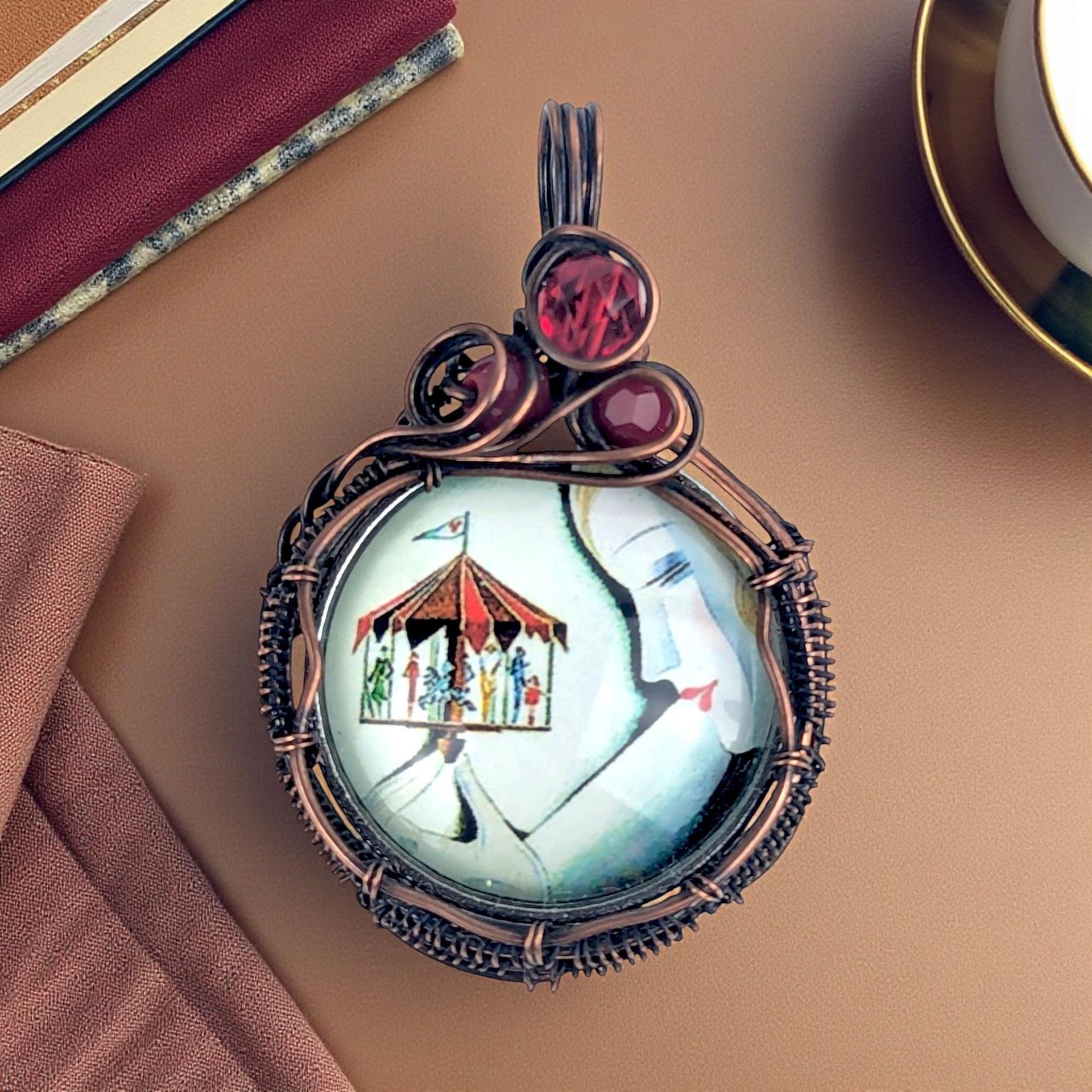 Handmade Copper Wire Wrapped Pendant: Carousel Dream Art Jewelry