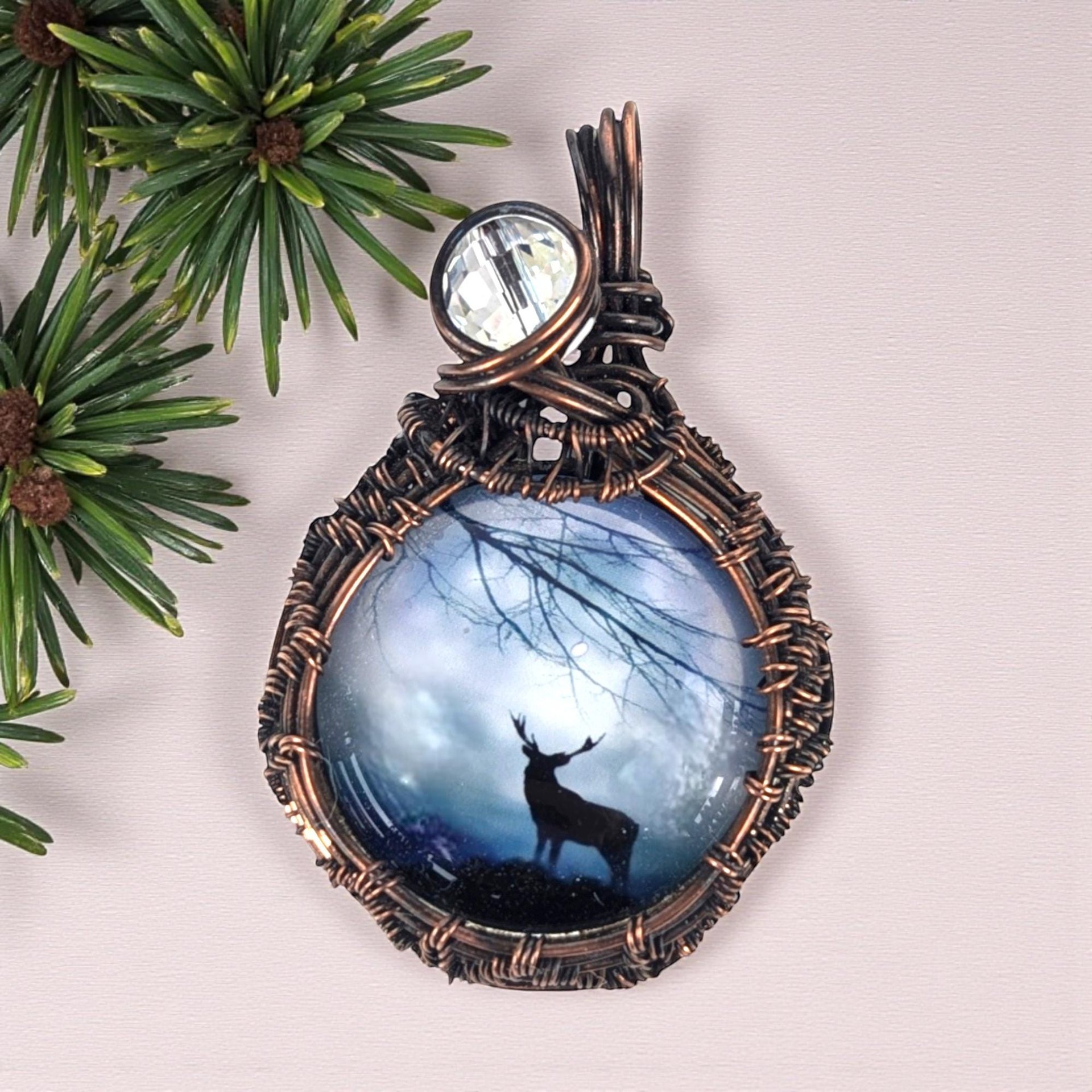 Handmade Copper Wire Wrapped Pendant: Forest Stag Silhouette Jewelry