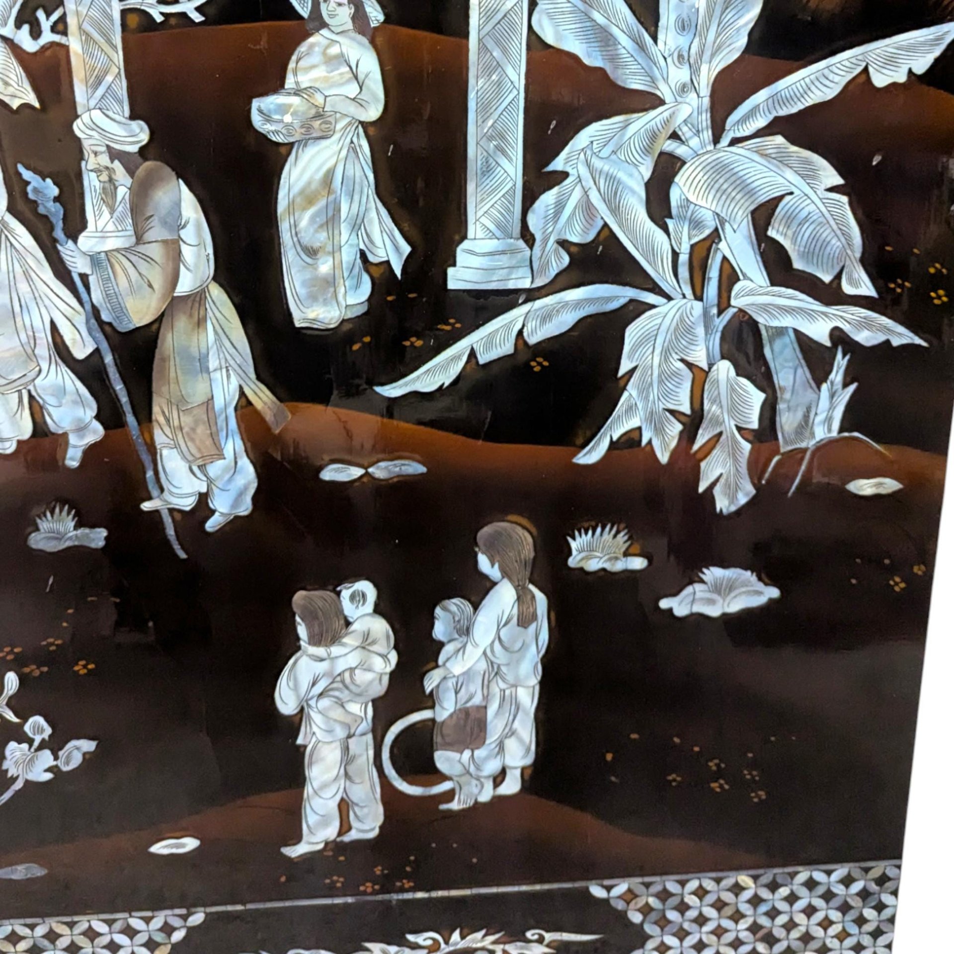 Vintage Vietnamese Mother of Pearl Panel: Torii Gate Lacquerware Wall Art