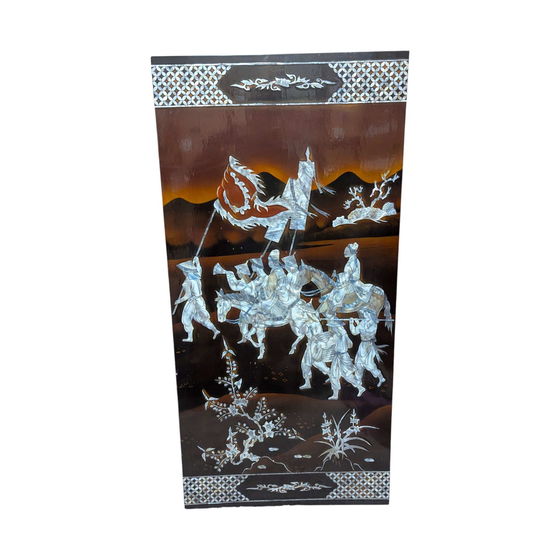 Vintage Vietnamese Mother of Pearl Panel: Imperial Procession Lacquerware Wall Art