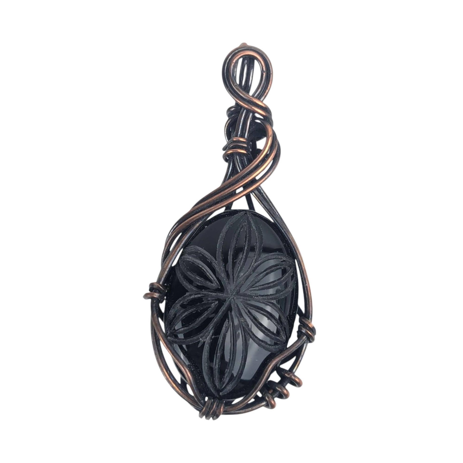 Handmade Copper Wire Black Onyx Pendant: Carved Gemstone Jewelry