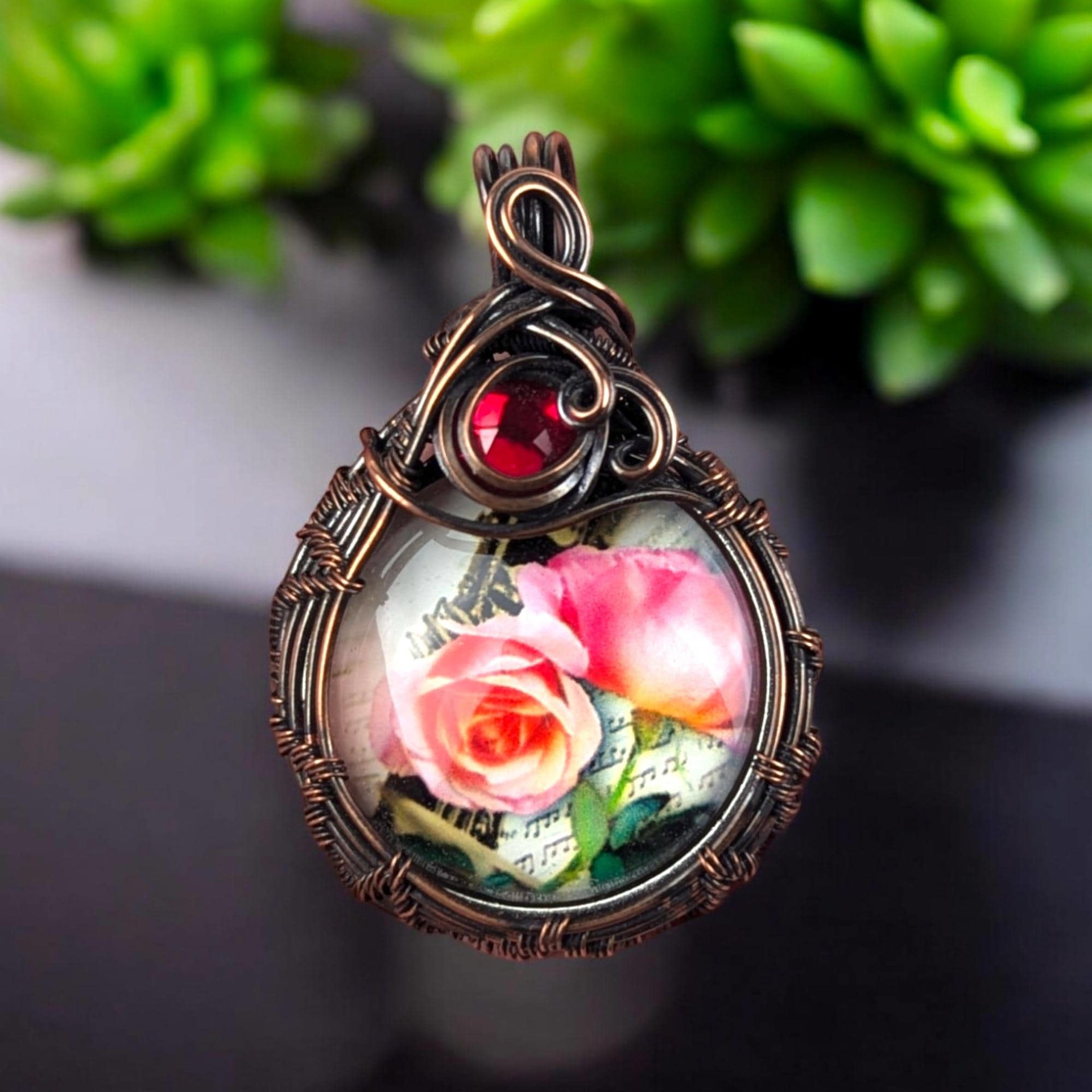 Copper Wire Wrapped Rose Pendant: Handmade Floral Statement Jewelry