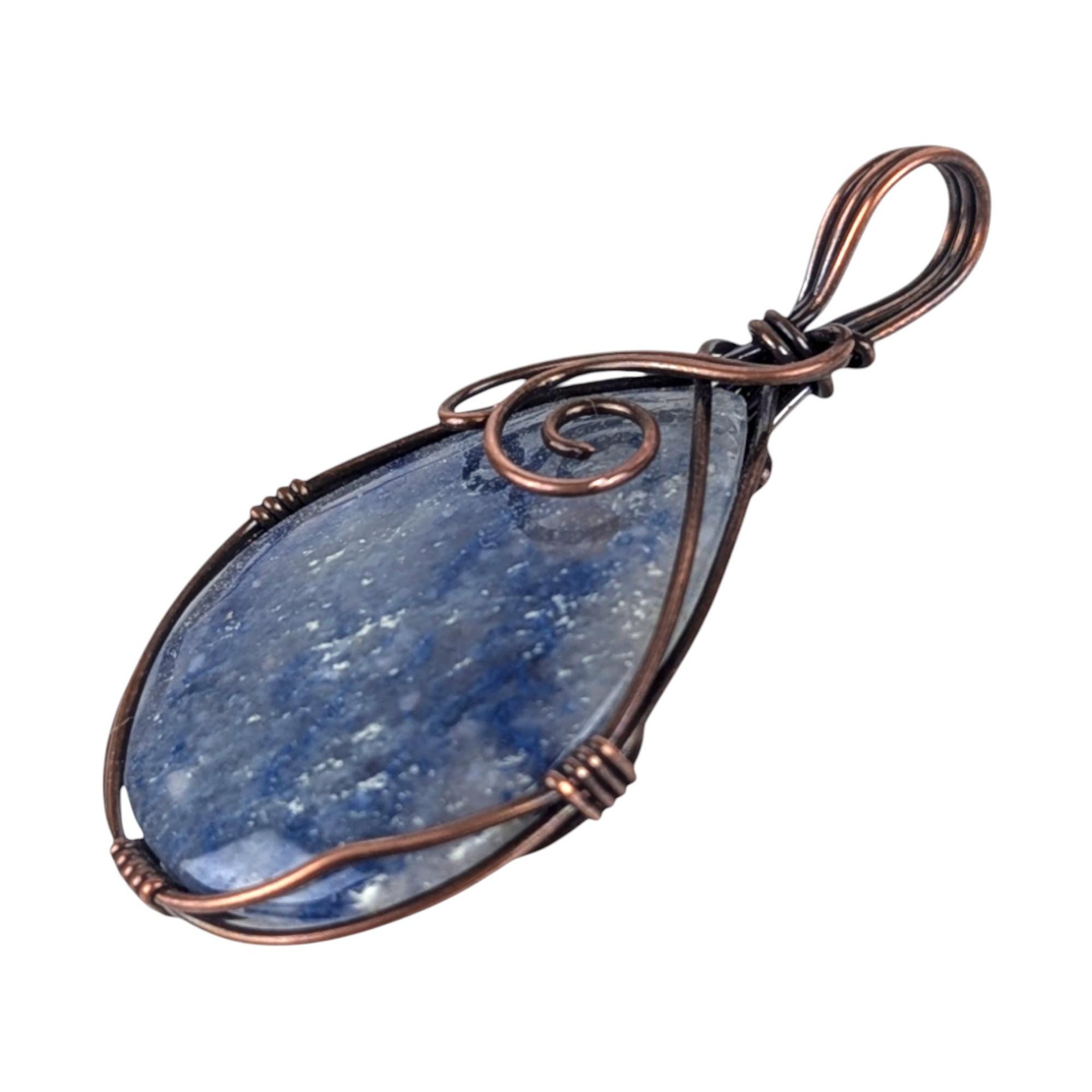 Copper Wire Wrapped Blue Quartz Pendant: Handmade Teardrop Gemstone Jewelry