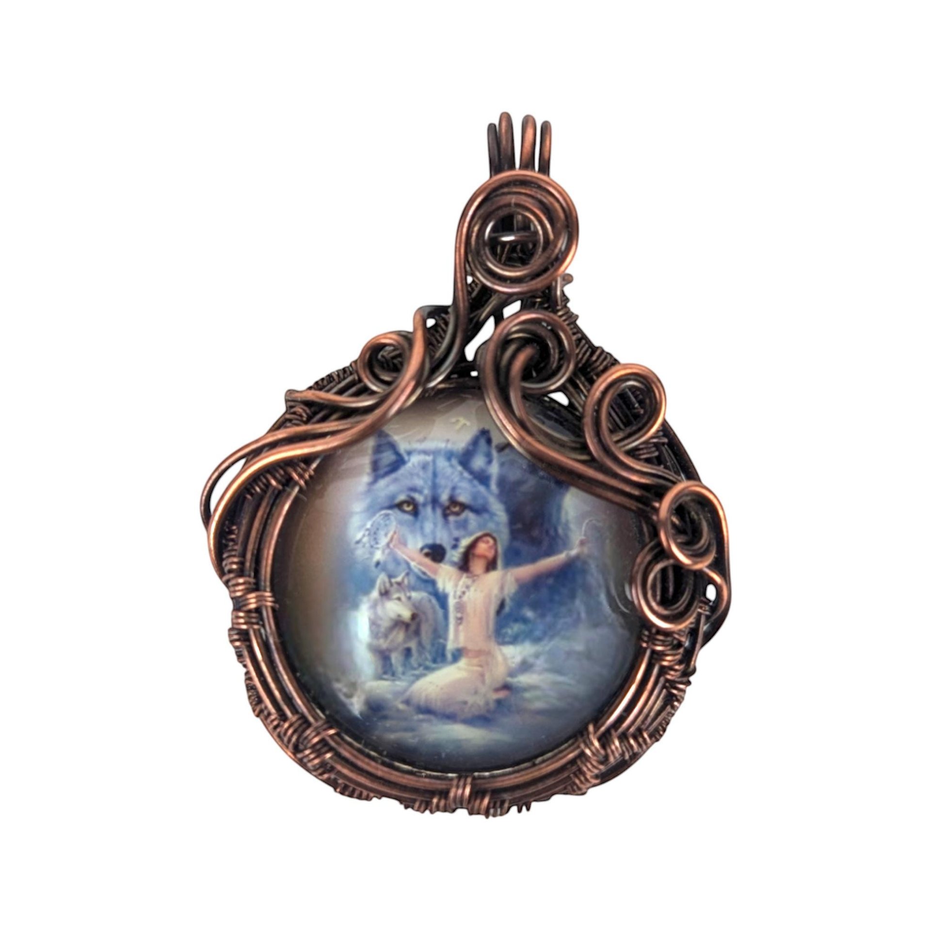 Copper Wire Wrapped Wolf Spirit Pendant: Handmade Mystical Jewelry