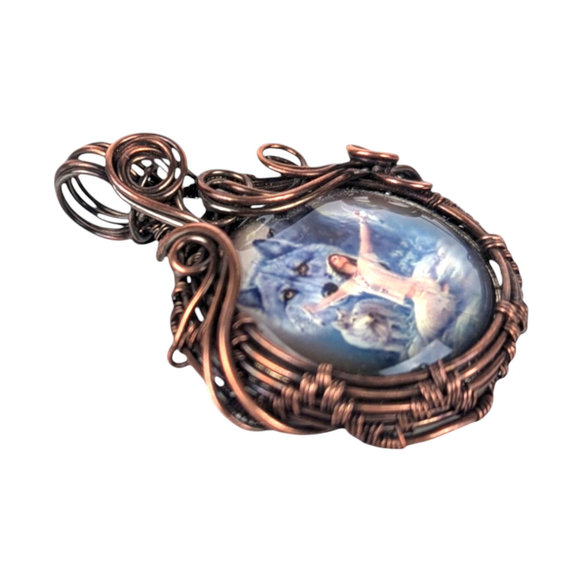 Copper Wire Wrapped Wolf Spirit Pendant: Handmade Mystical Jewelry