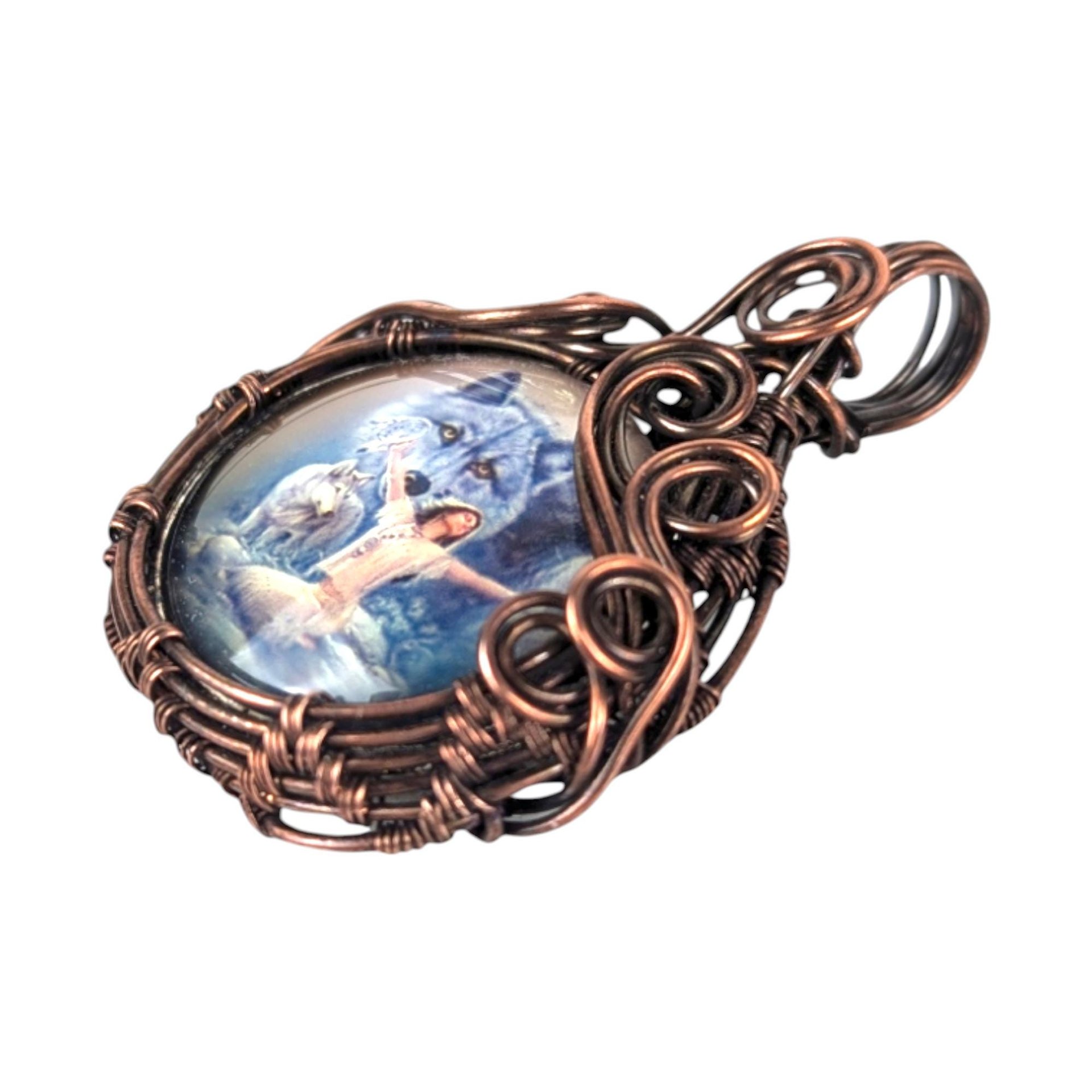 Copper Wire Wrapped Wolf Spirit Pendant: Handmade Mystical Jewelry