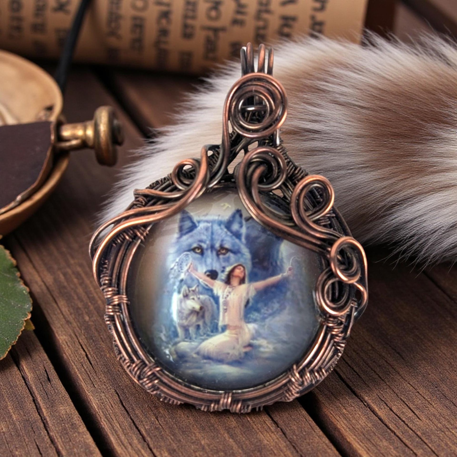 Copper Wire Wrapped Wolf Spirit Pendant: Handmade Mystical Jewelry