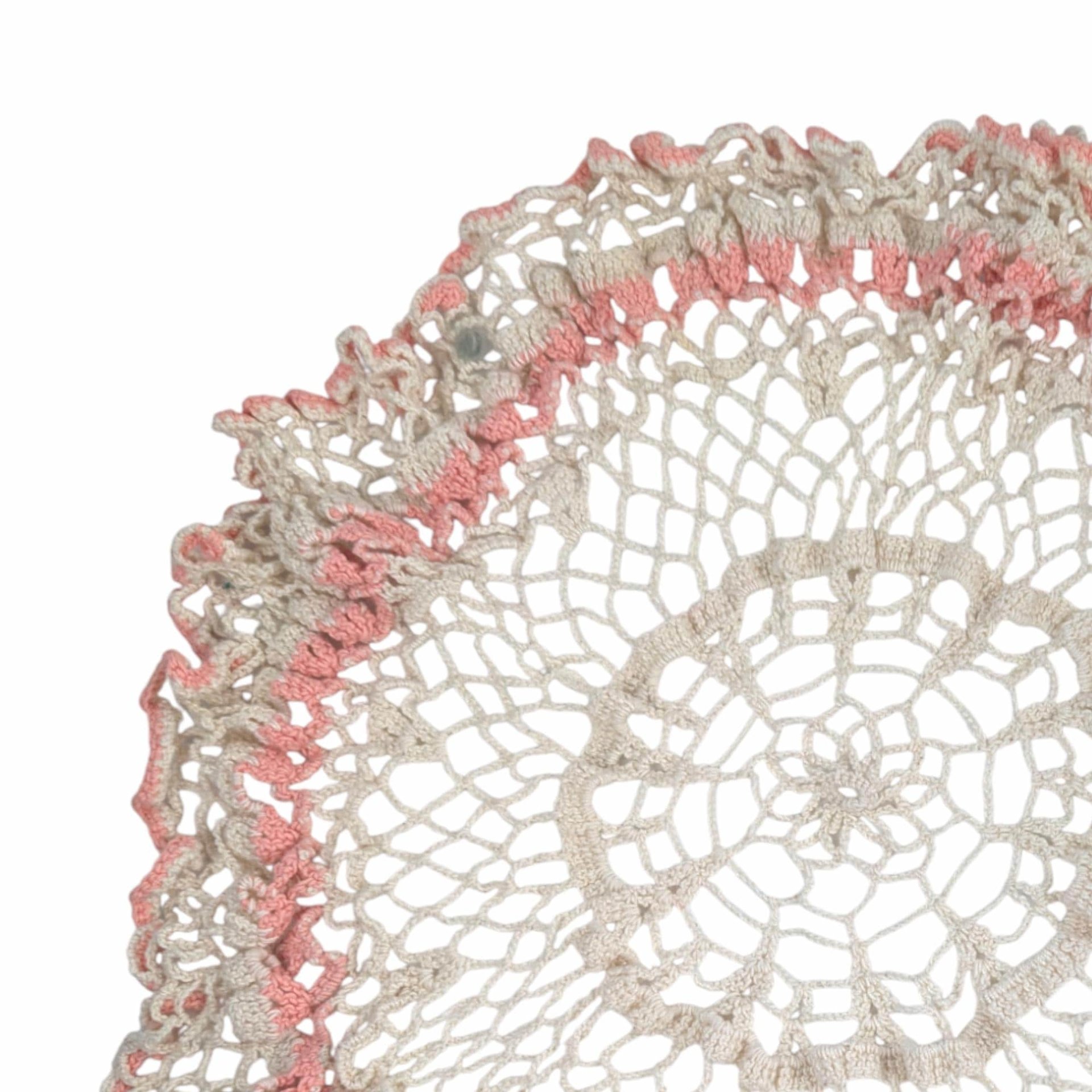 Vintage Crocheted Doily: Large Cream & Pink Hand-Knit Lace Centerpiece