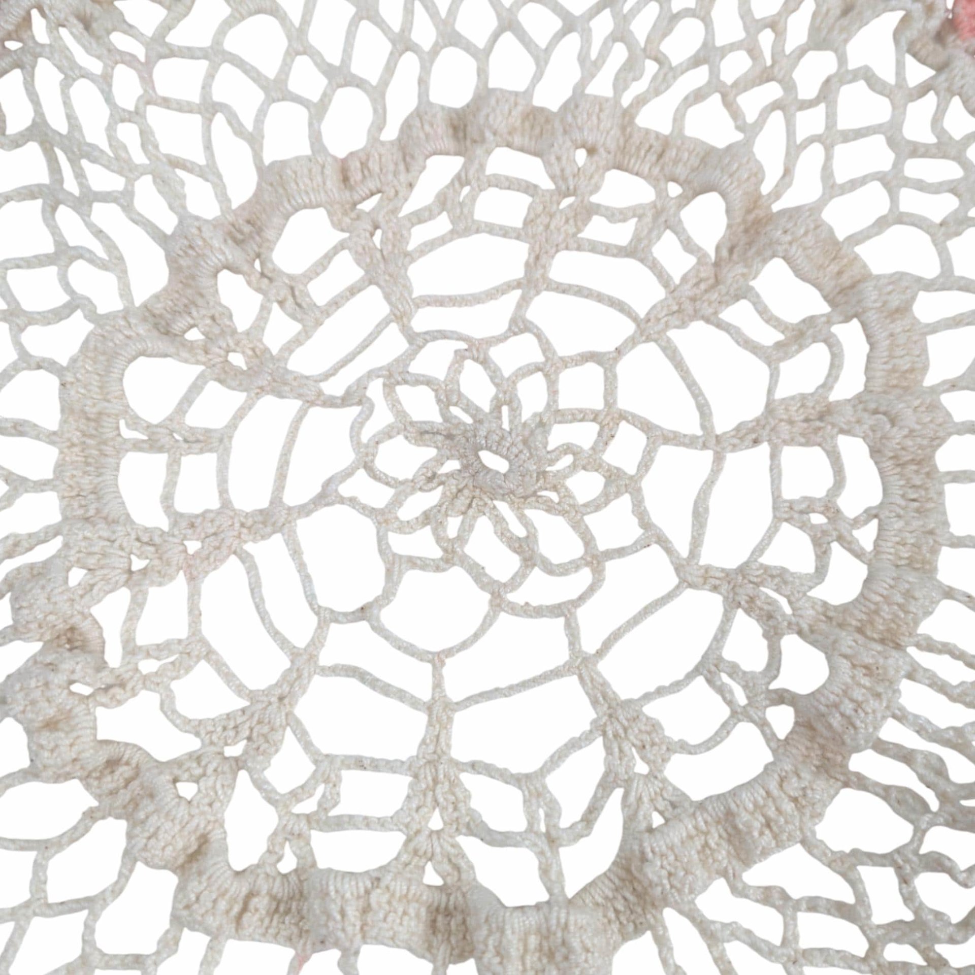 Vintage Crocheted Doily: Large Cream & Pink Hand-Knit Lace Centerpiece