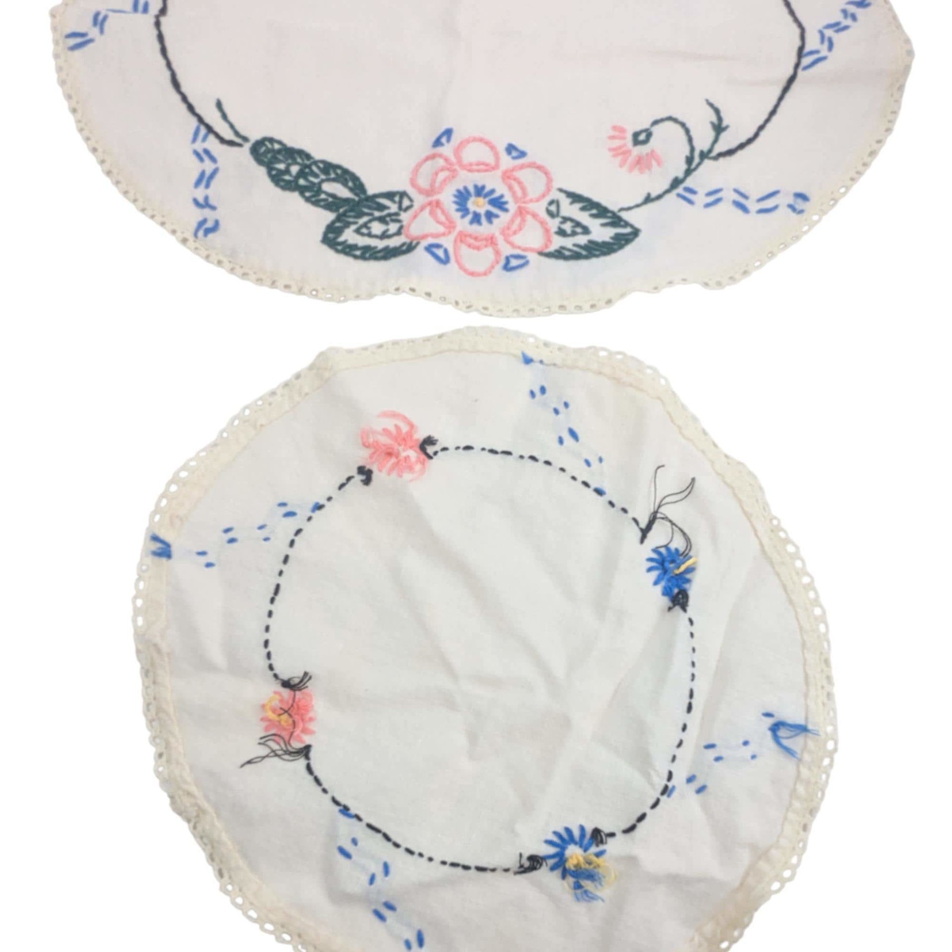 Vintage Embroidered Doilies: Set of Two Floral Linens with Crochet Edge