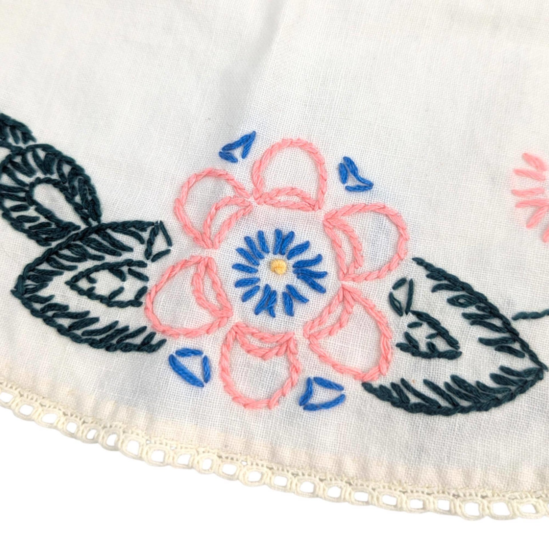 Vintage Embroidered Doilies: Set of Two Floral Linens with Crochet Edge