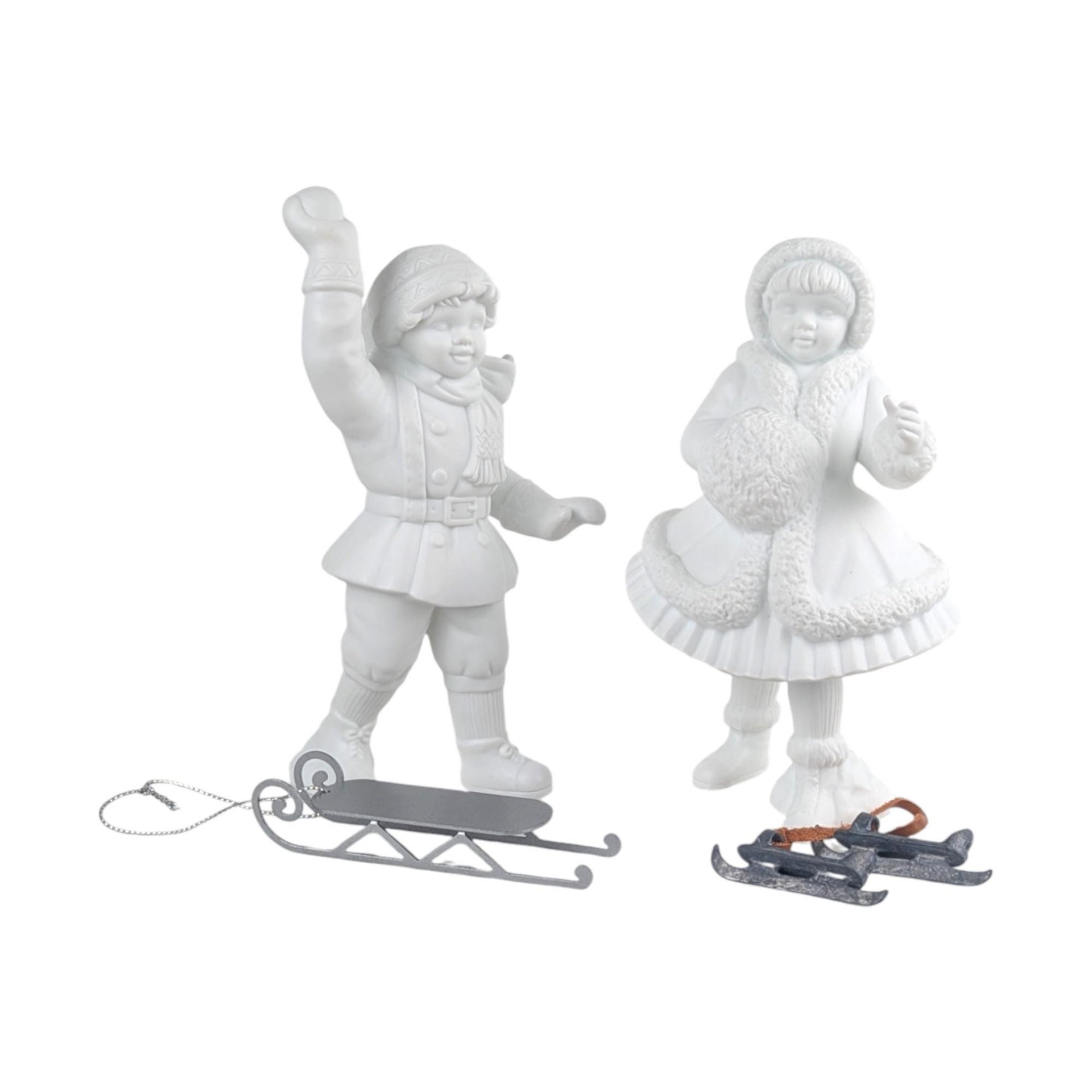 Vintage Dept 56 Shiny Skates & New Sled: Winter Silhouette Porcelain Figurine Set