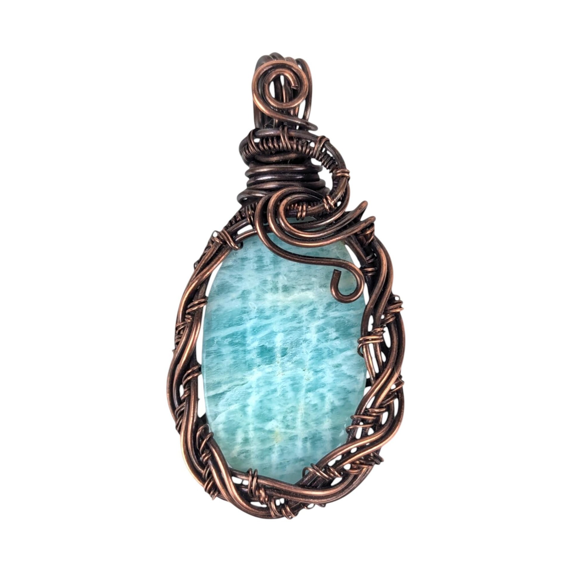 Amazonite Wire Wrapped Pendant: Handmade Copper Statement Jewelry