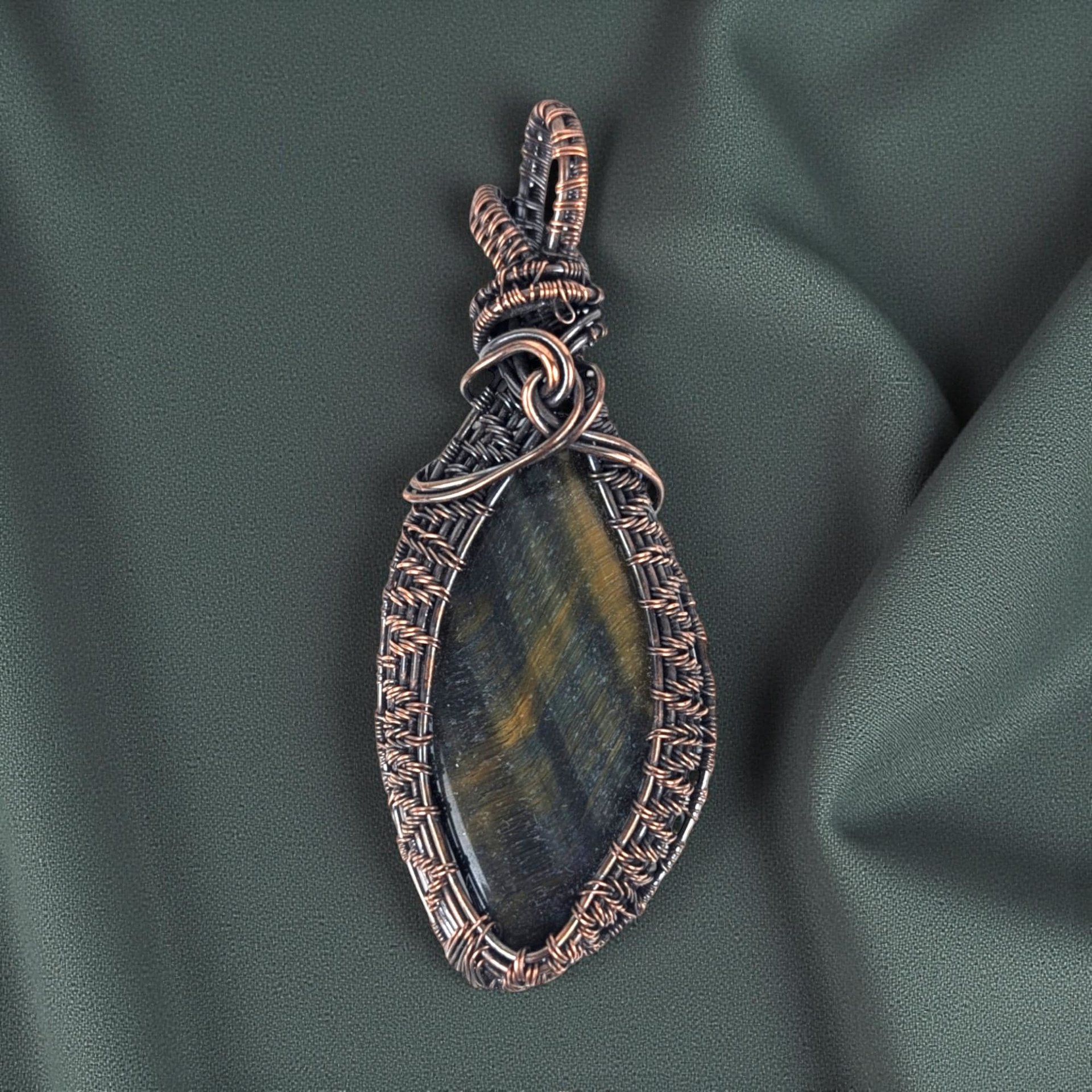 Tiger's Eye Wire Wrapped Pendant: Large Copper Statement Jewelry