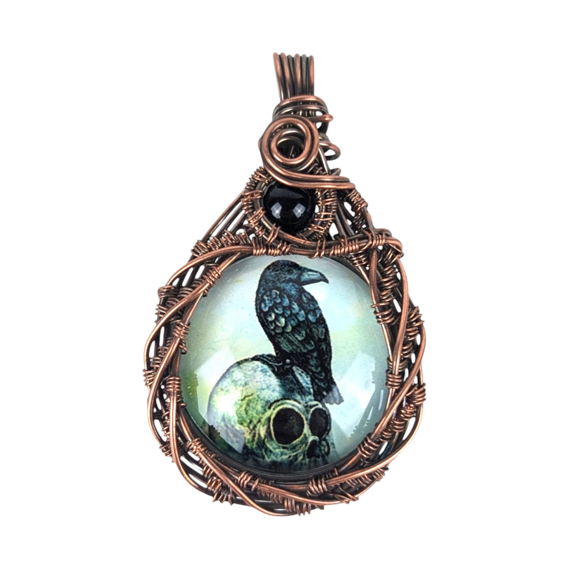 Handmade Copper Wire Wrapped Raven Pendant: Gothic Skull Crow Jewelry