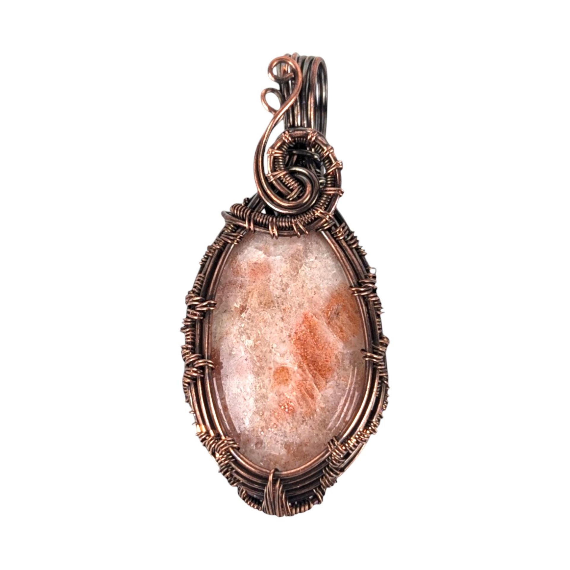 Handmade Copper Wire Wrapped Sunstone Pendant: Artisan Gemstone Jewelry