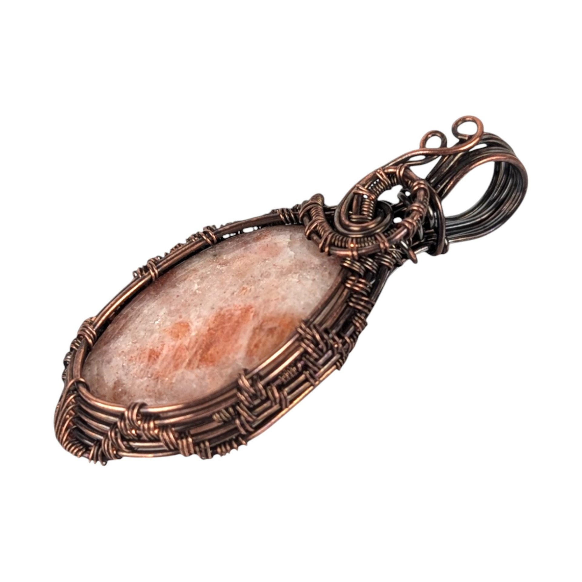 Handmade Copper Wire Wrapped Sunstone Pendant: Artisan Gemstone Jewelry